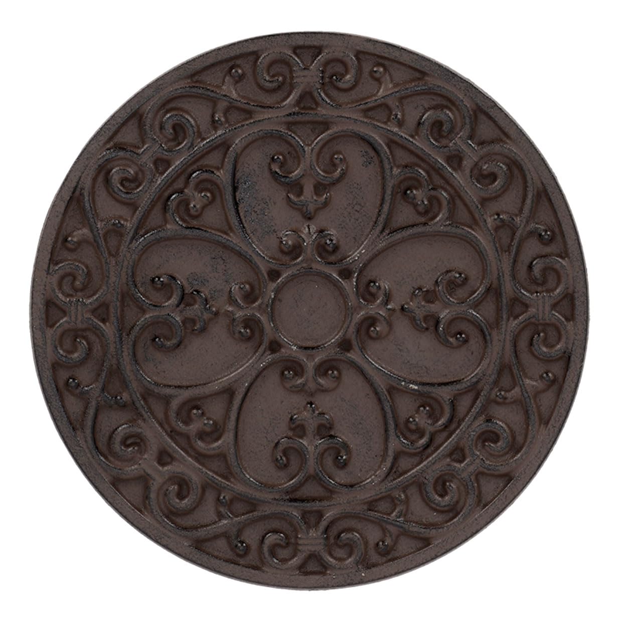 Esschert Design stepping stone front view showing vintage scrollwork and durable finish benefit