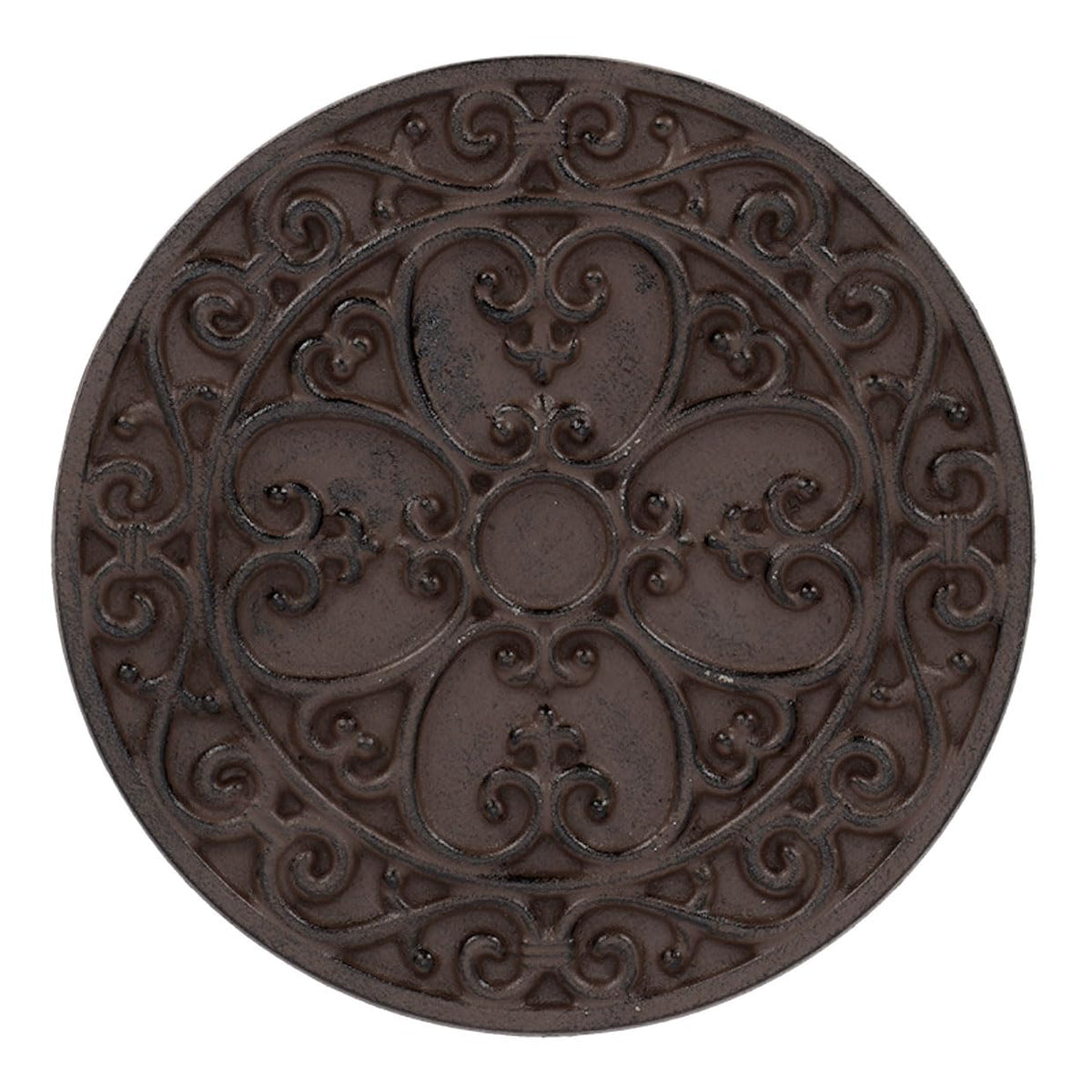 Esschert Design stepping stone front view showing vintage scrollwork and durable finish benefit