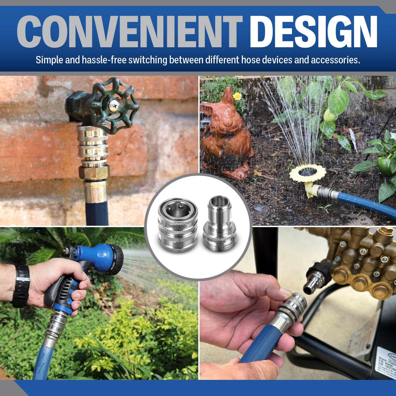 ESSENTIAL WASHER connected to garden hose showing fast swap and leak-free benefit