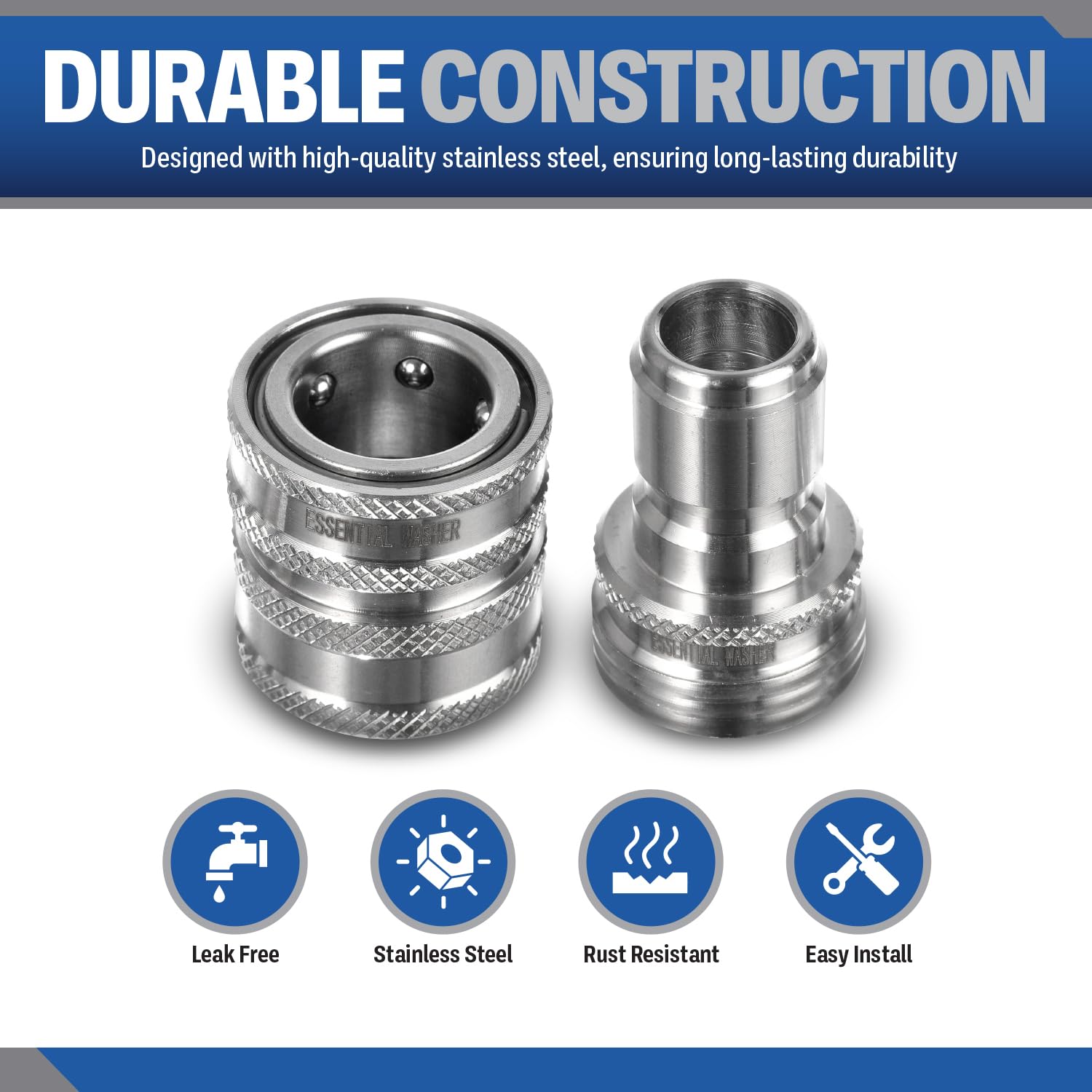 ESSENTIAL WASHER close-up of the 304 stainless coupler highlighting rust resistance
