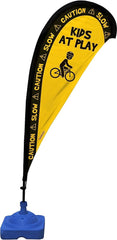 Essentially Yours front view of yellow Kids at Play flag showing clear message and visibility
