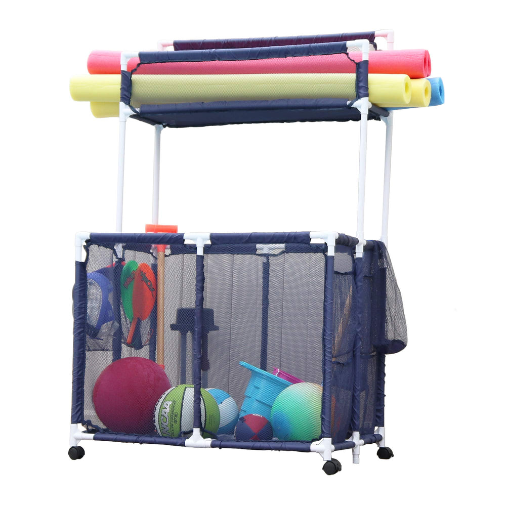 Essentially Yours front view of rolling pool organizer showing large storage and noodle rack benefit