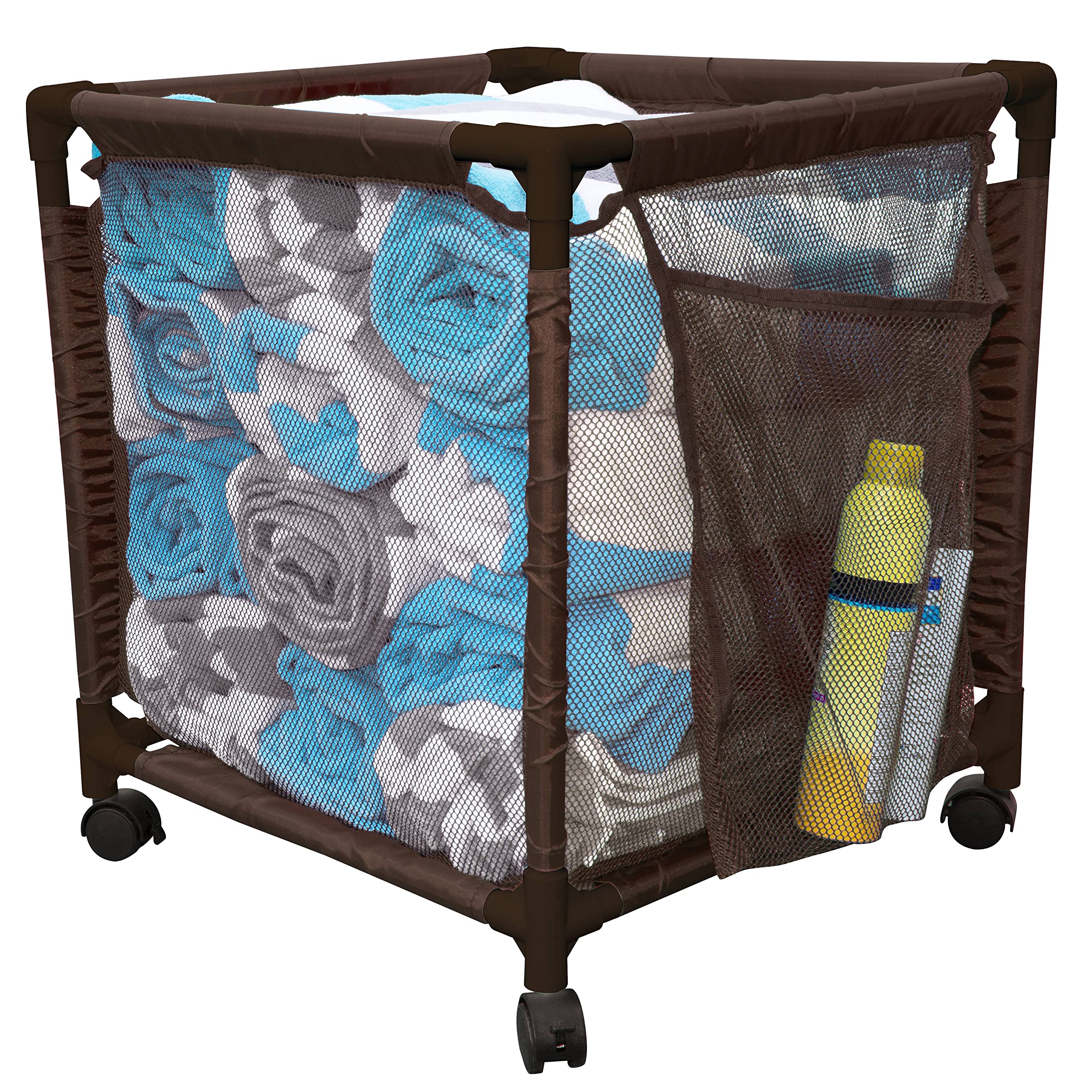 Essentially Yours front view of brown rolling storage bin showing full capacity and accessibility