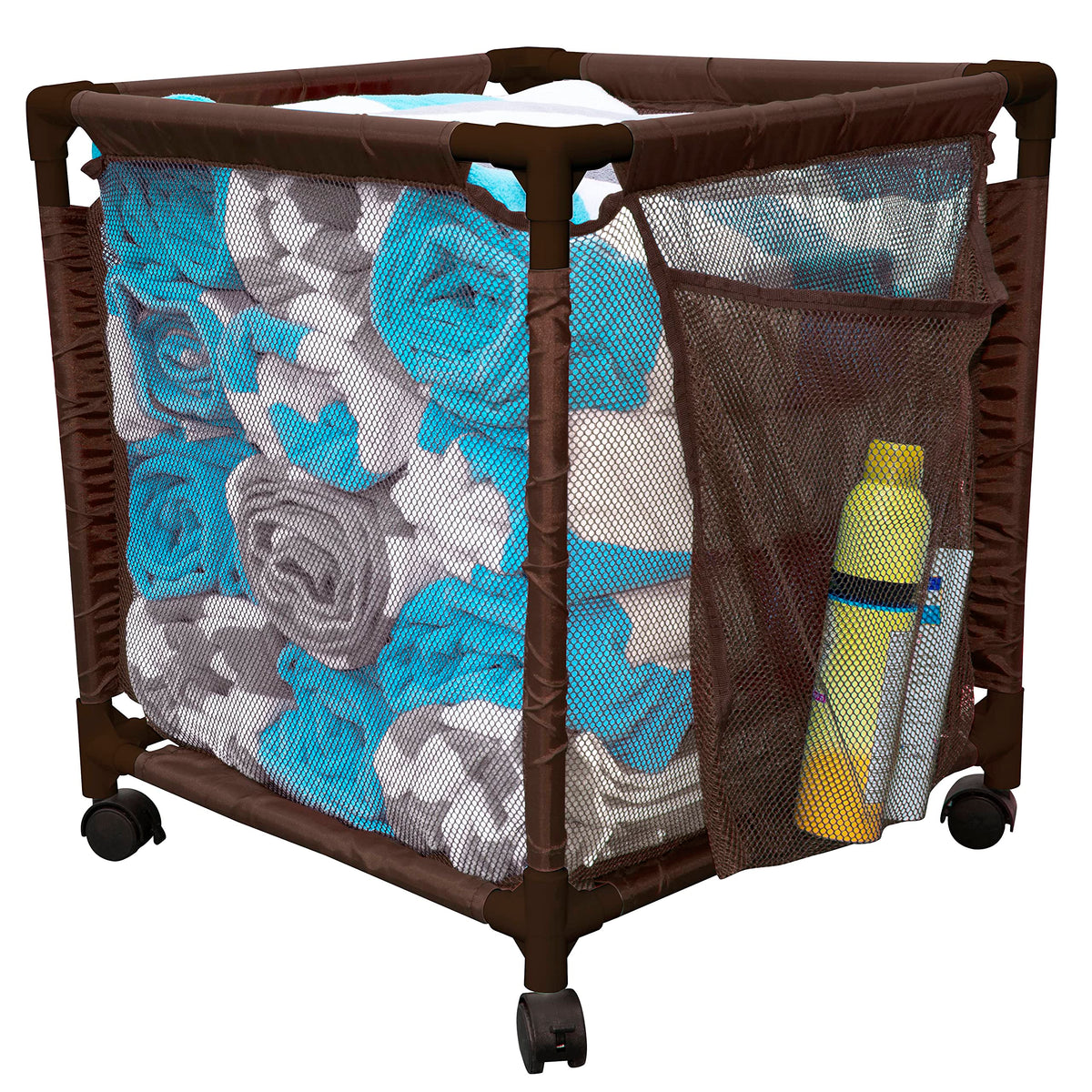 Essentially Yours front view of brown rolling storage bin showing full capacity and accessibility