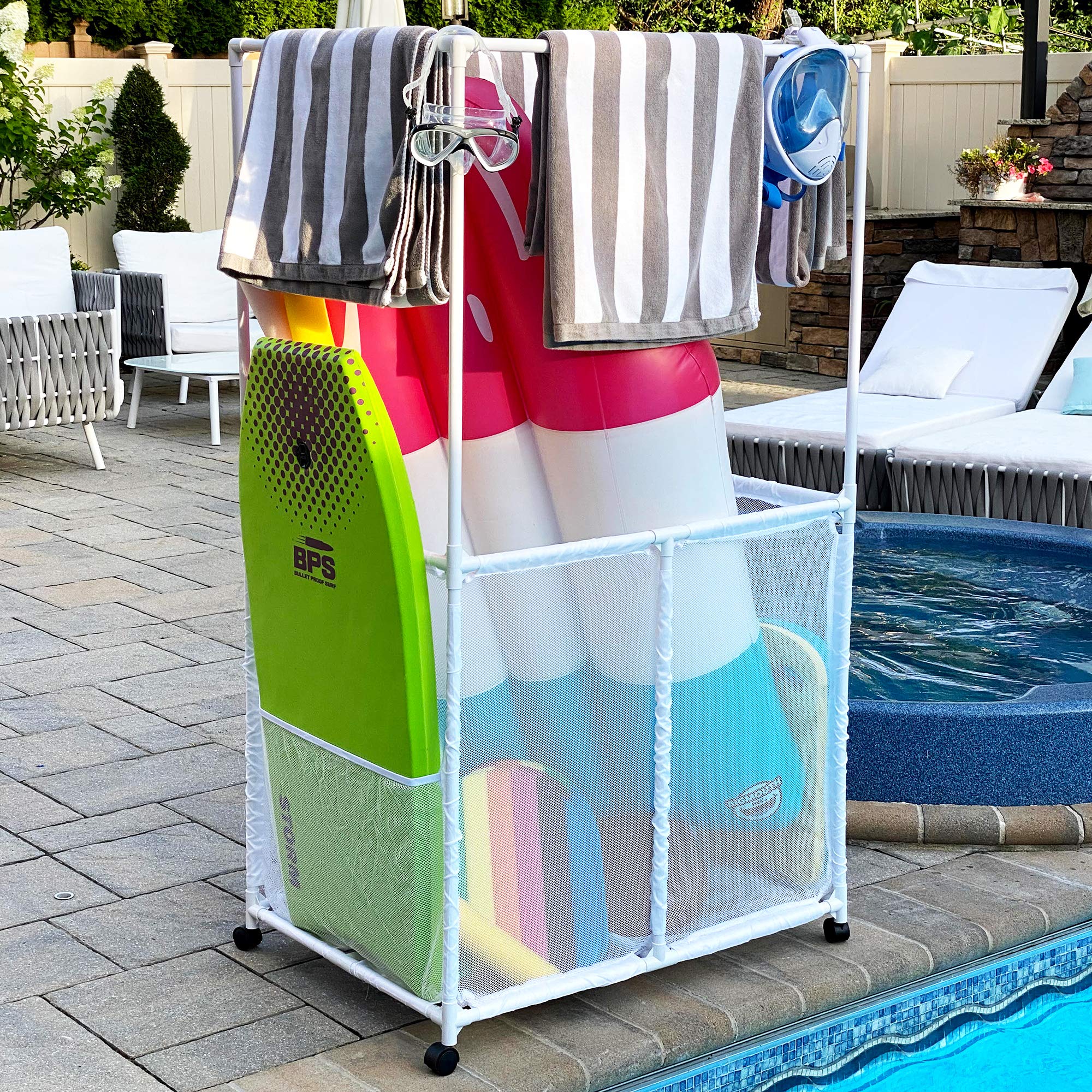 Essentially Yours assembled beside pool showing size and decluttering benefit