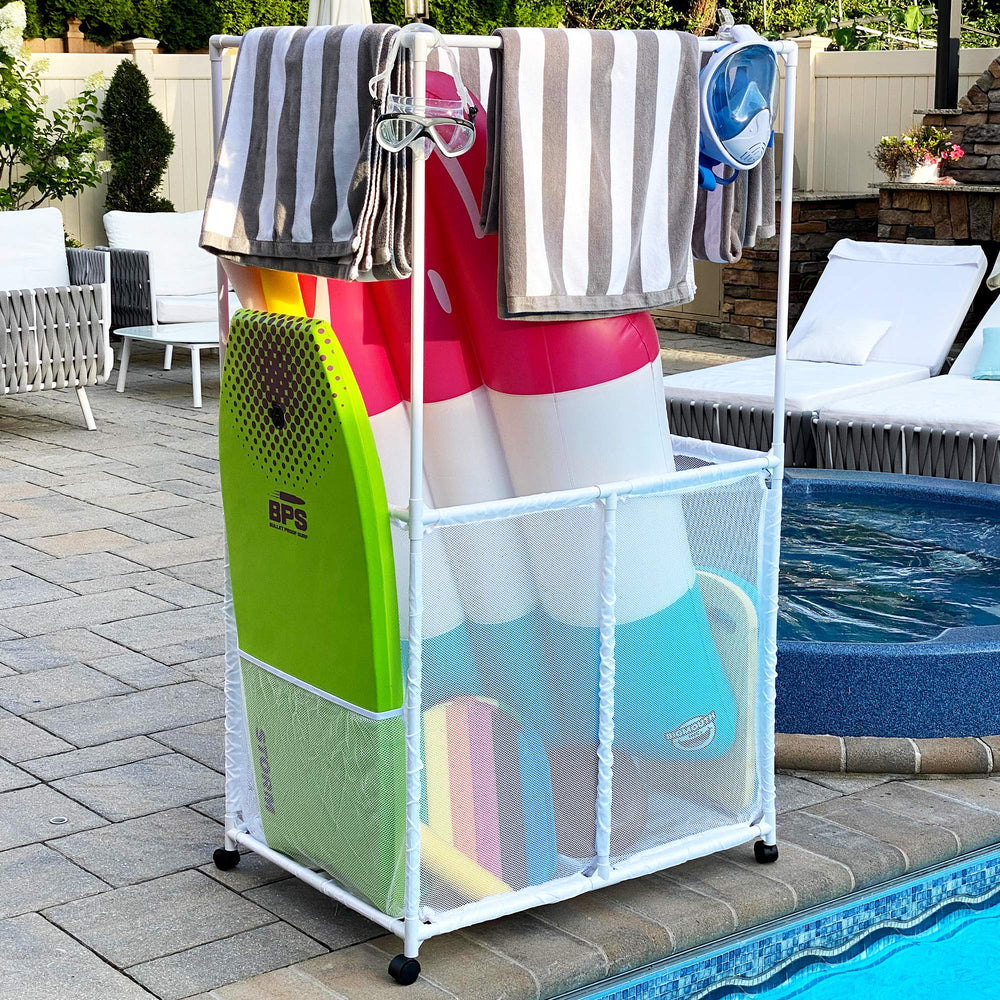 Essentially Yours assembled beside pool showing size and decluttering benefit