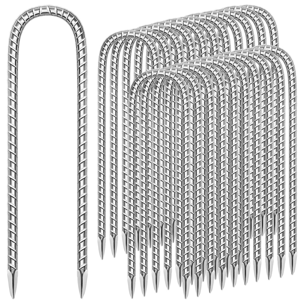 ESSFF 22-pack front view showing packaged galvanized rebar stakes and count