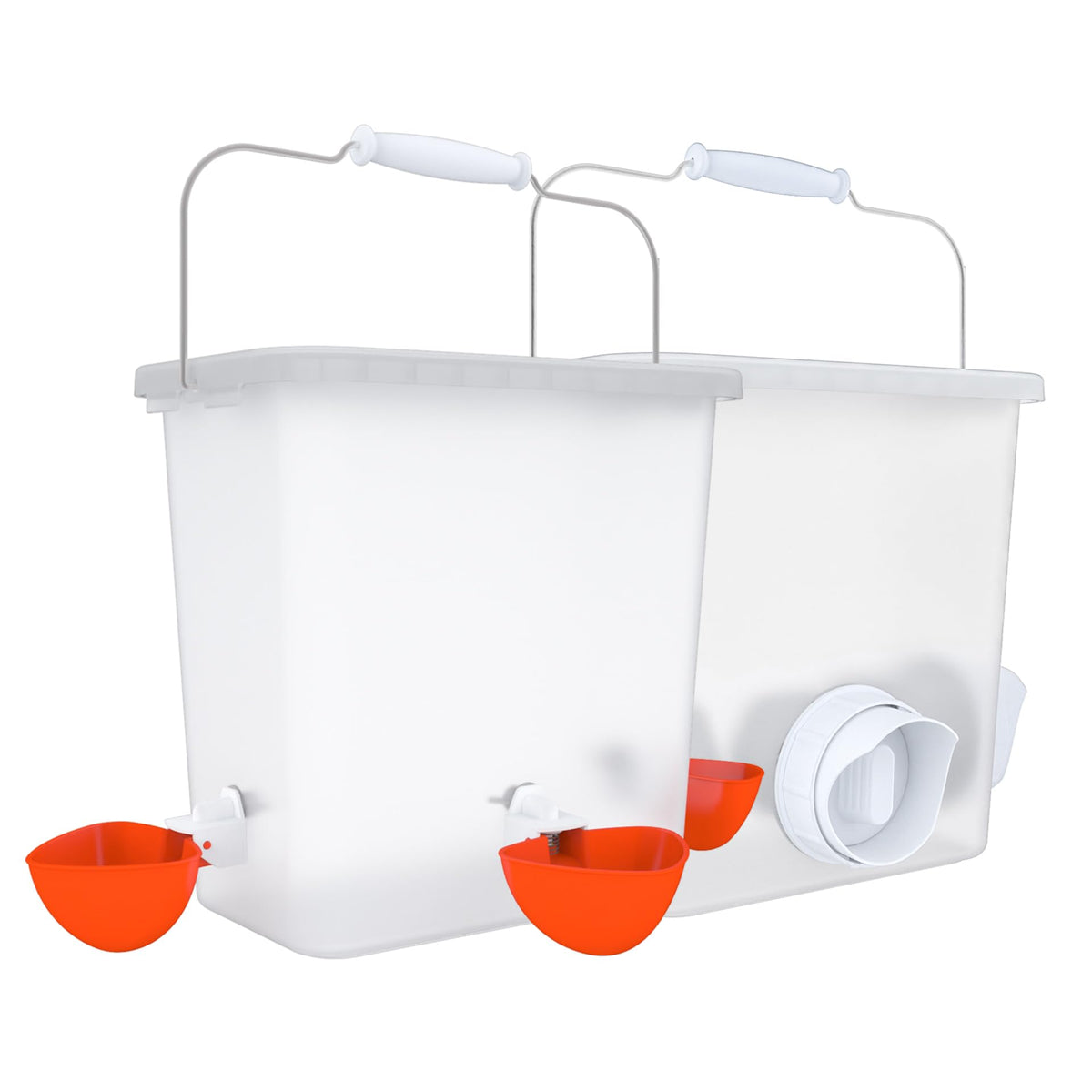 Essilnn front view of feeder and waterer set showing organized feeding and watering