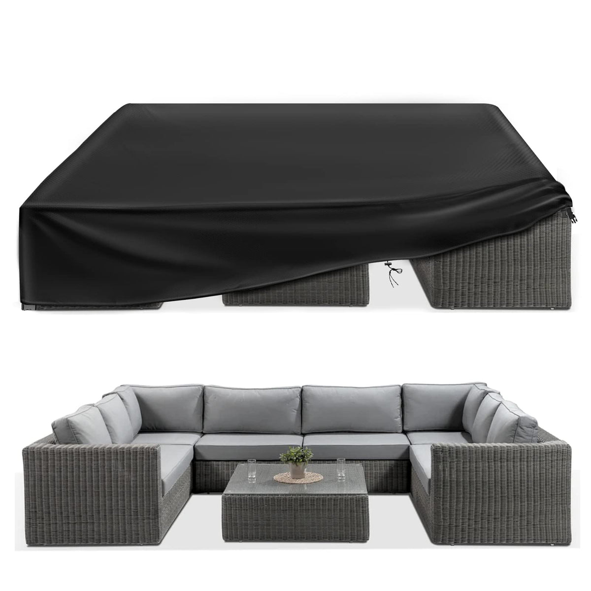 ESSORT front view of cover protecting large rectangular dining set, keeps furniture dry