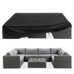 ESSORT front view of cover protecting large rectangular dining set, keeps furniture dry