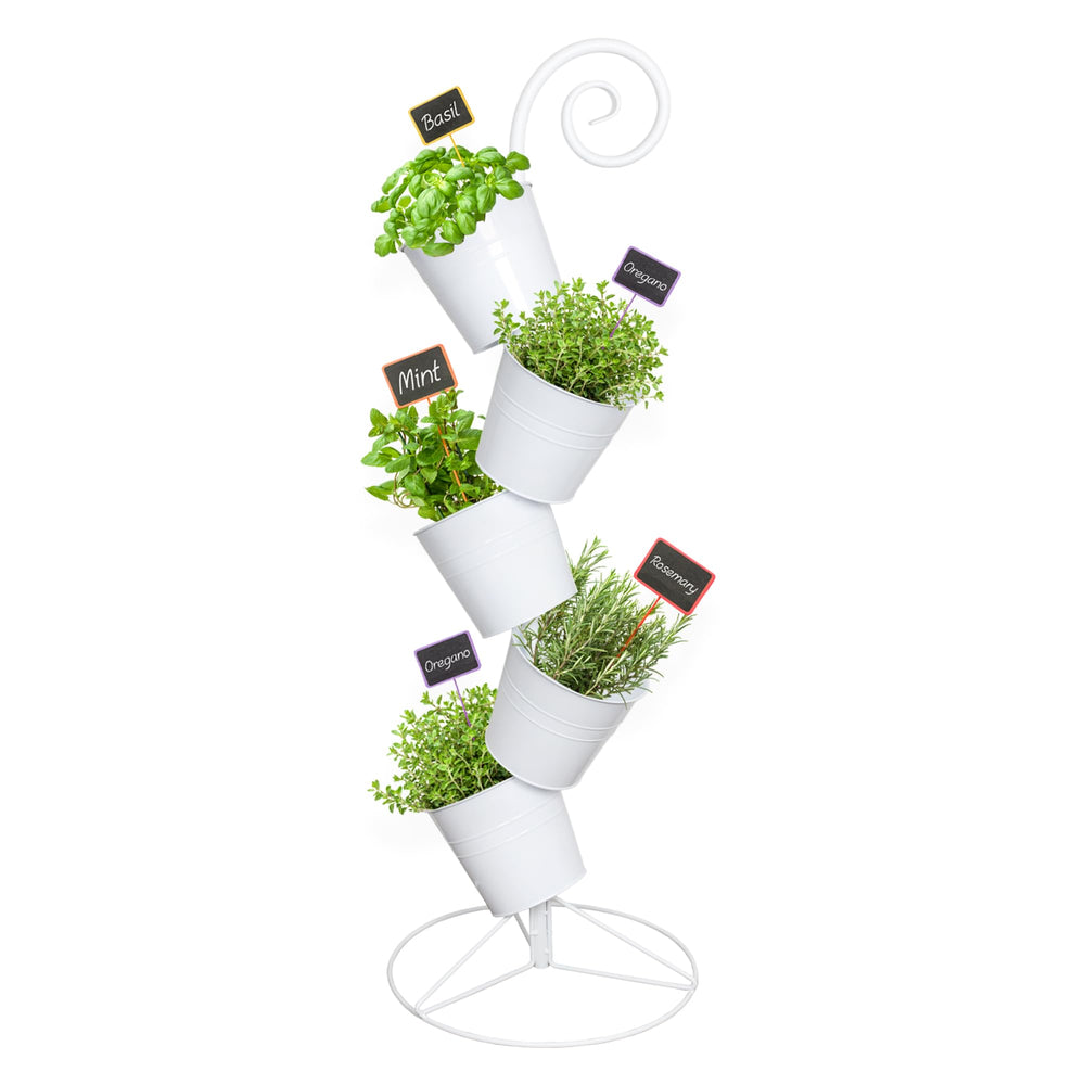 Esterno front view showing white five-tier stack and compact footprint