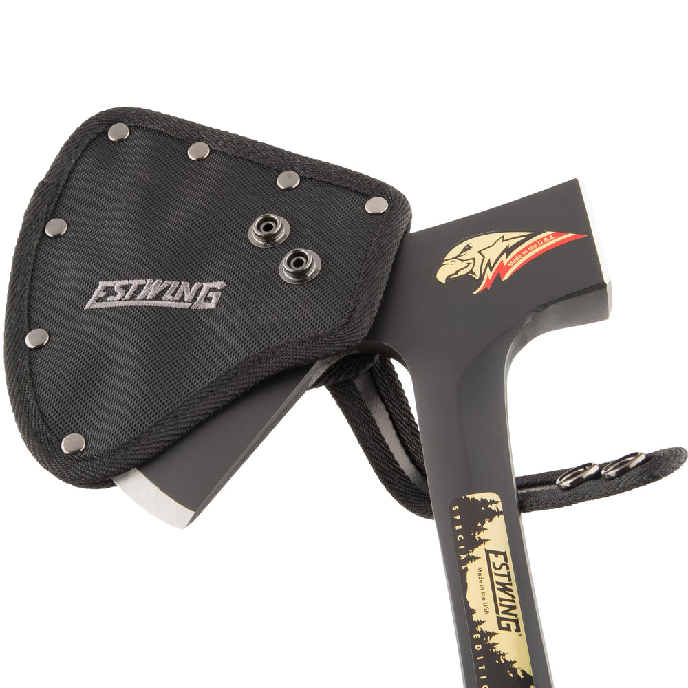 Estwing Camper's Axe in camp setting for reliable outdoor performance
