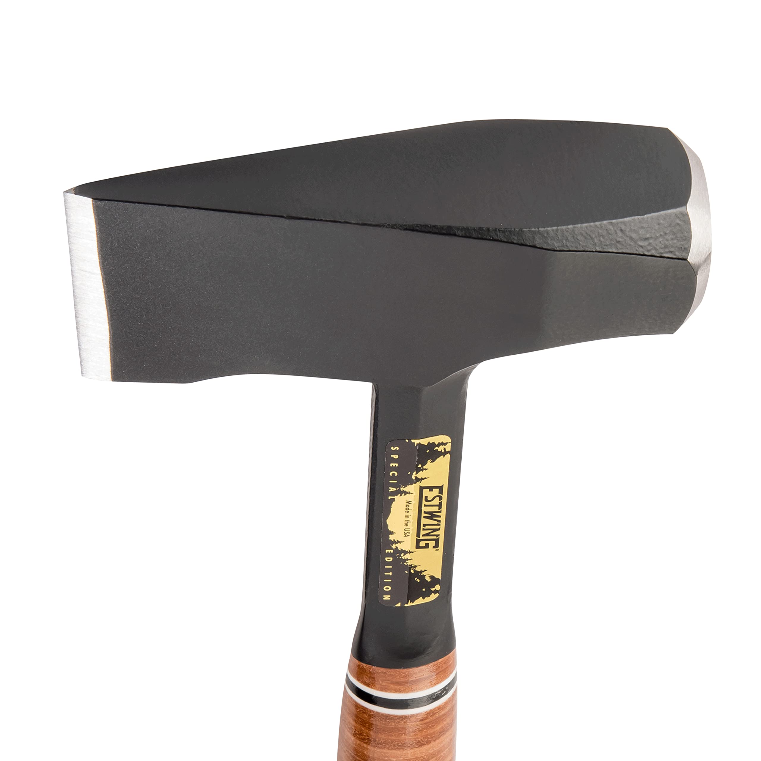 Estwing axe head close-up showing tempered cutting edge for long-lasting sharpness