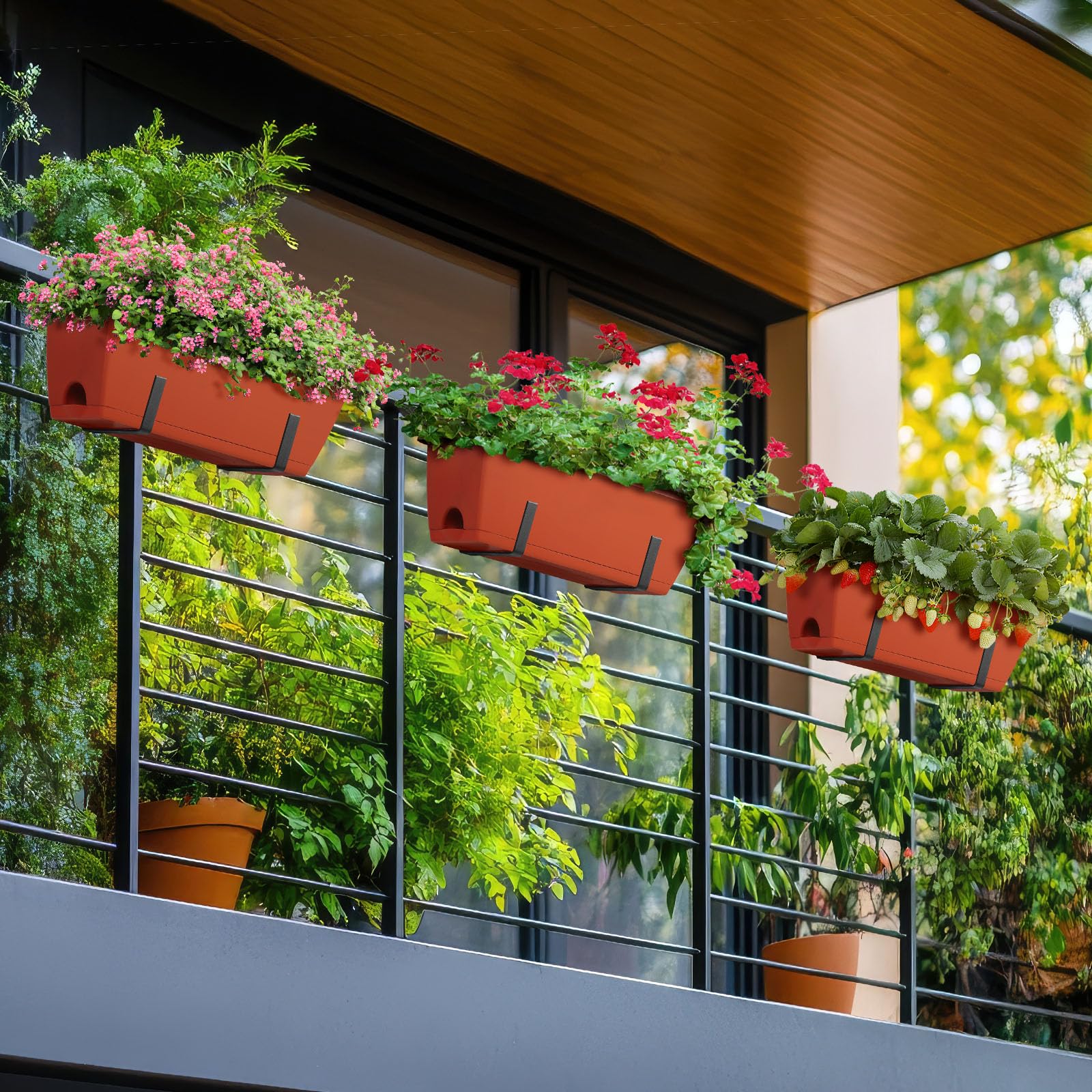 ETELI planter hung on balcony railing creating space-saving greenery benefit