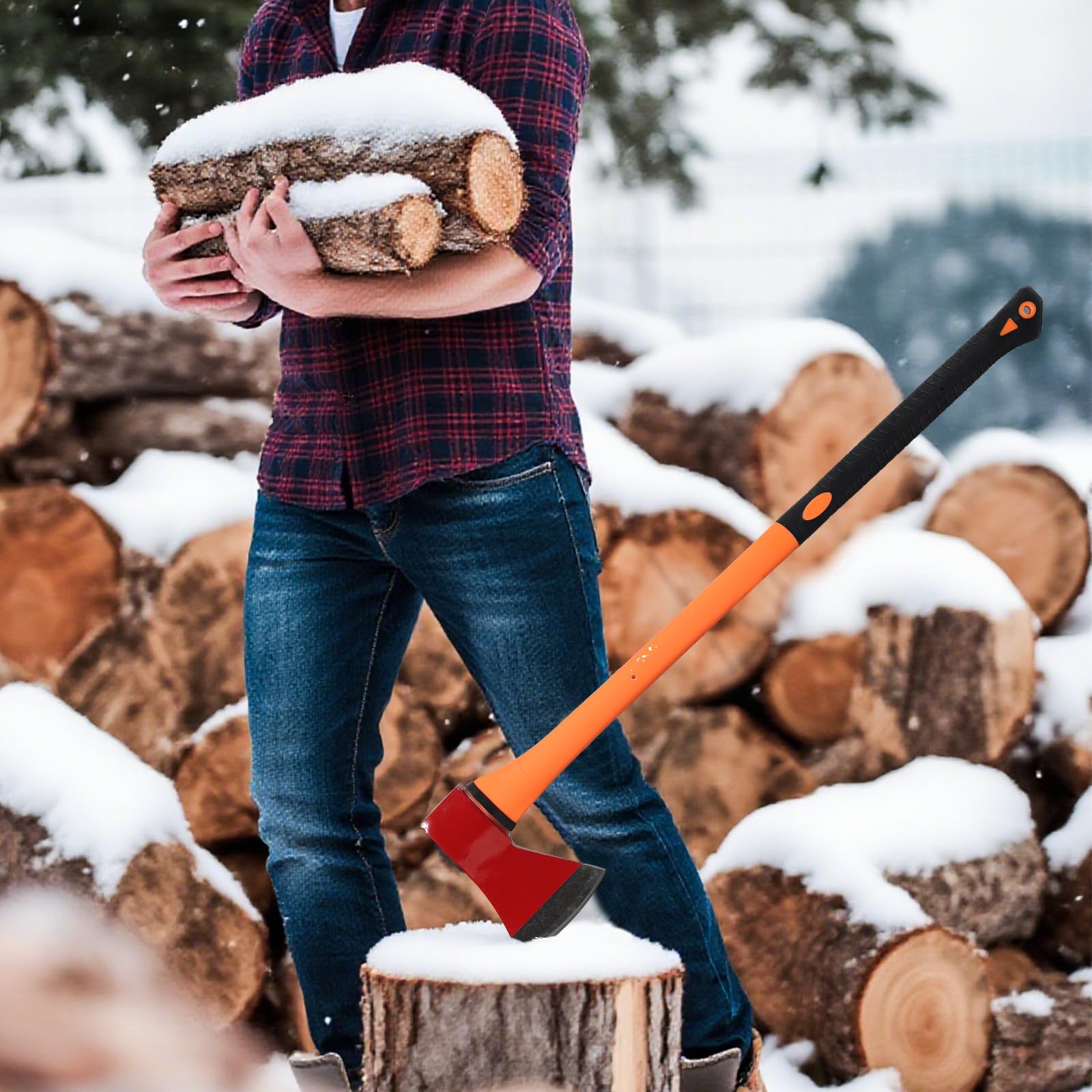 ETICSIPA axe hung in shed illustrating weatherproof fiberglass handle storage