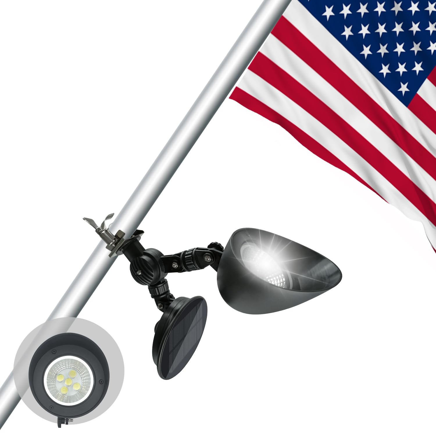 Etzeaxus front view showing light head illuminating a flag, clear visibility benefit