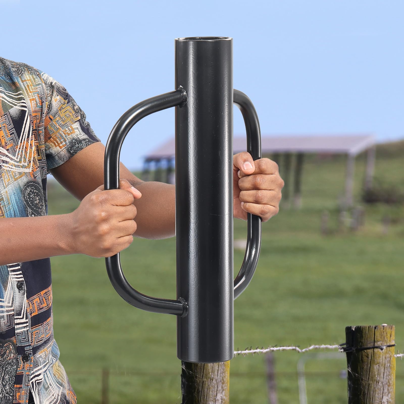 EUIJOIP front view of 12 lb post driver showing tube and dual handles for faster installs