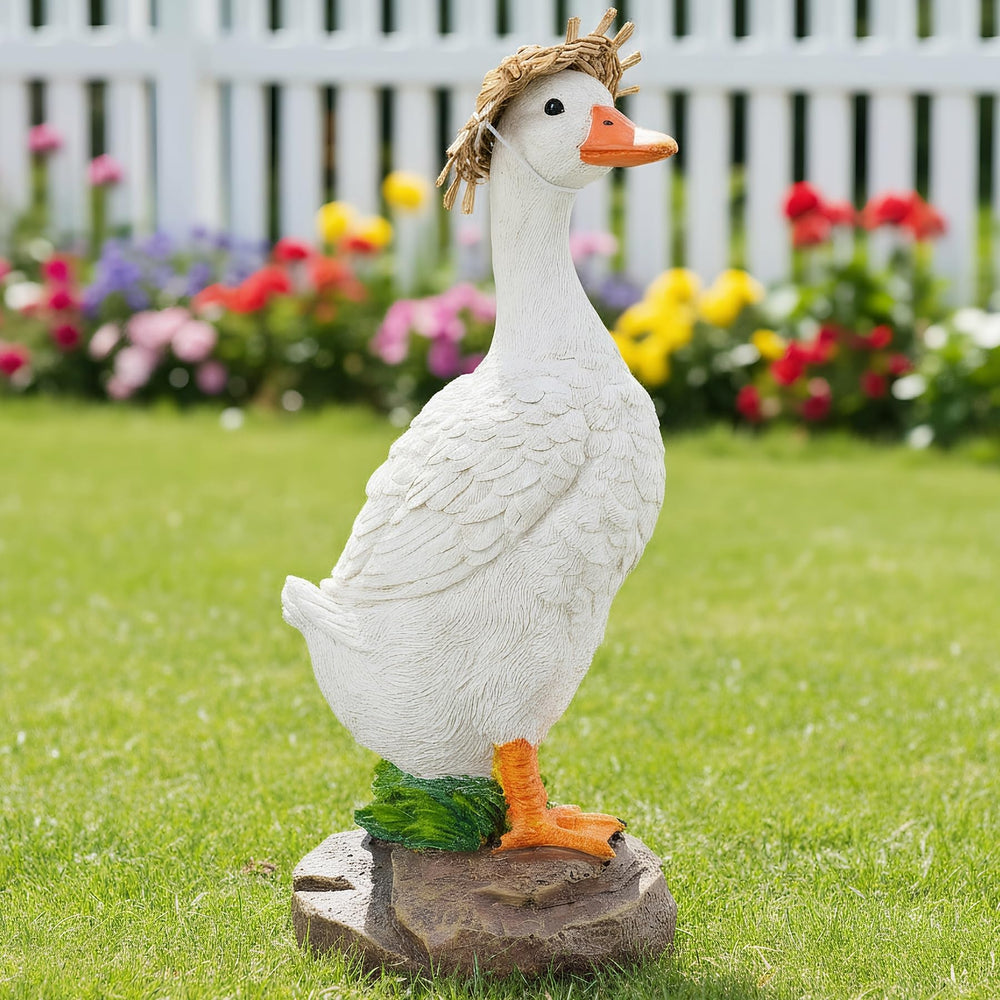 Euiroet duck perched on fence rail demonstrating easy outdoor placement
