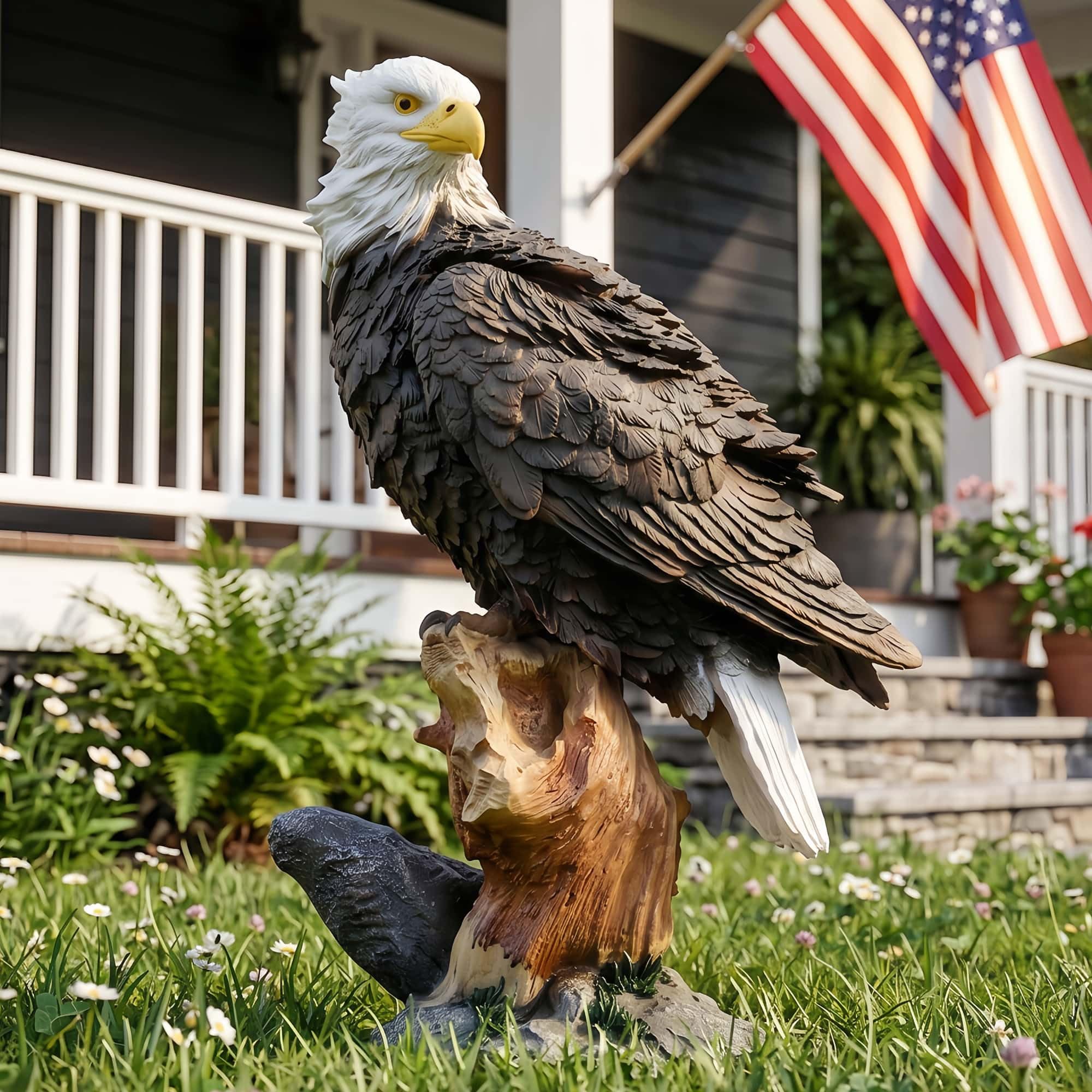Euiroet front view of eagle statue showing expressive eyes and lifelike pose