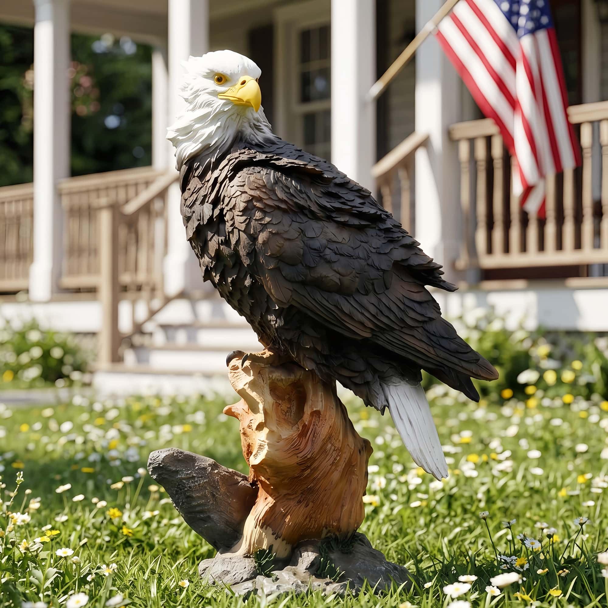 Euiroet eagle in garden setting adding coastal charm to outdoor space