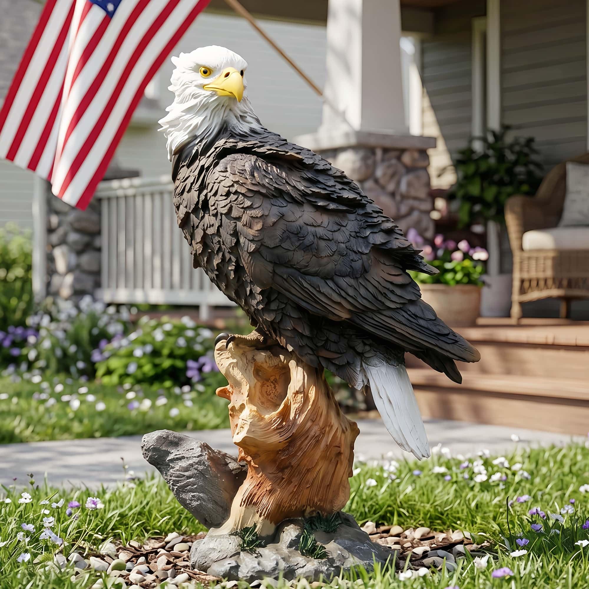 Euiroet eagle perched on planter edge demonstrating easy placement benefit