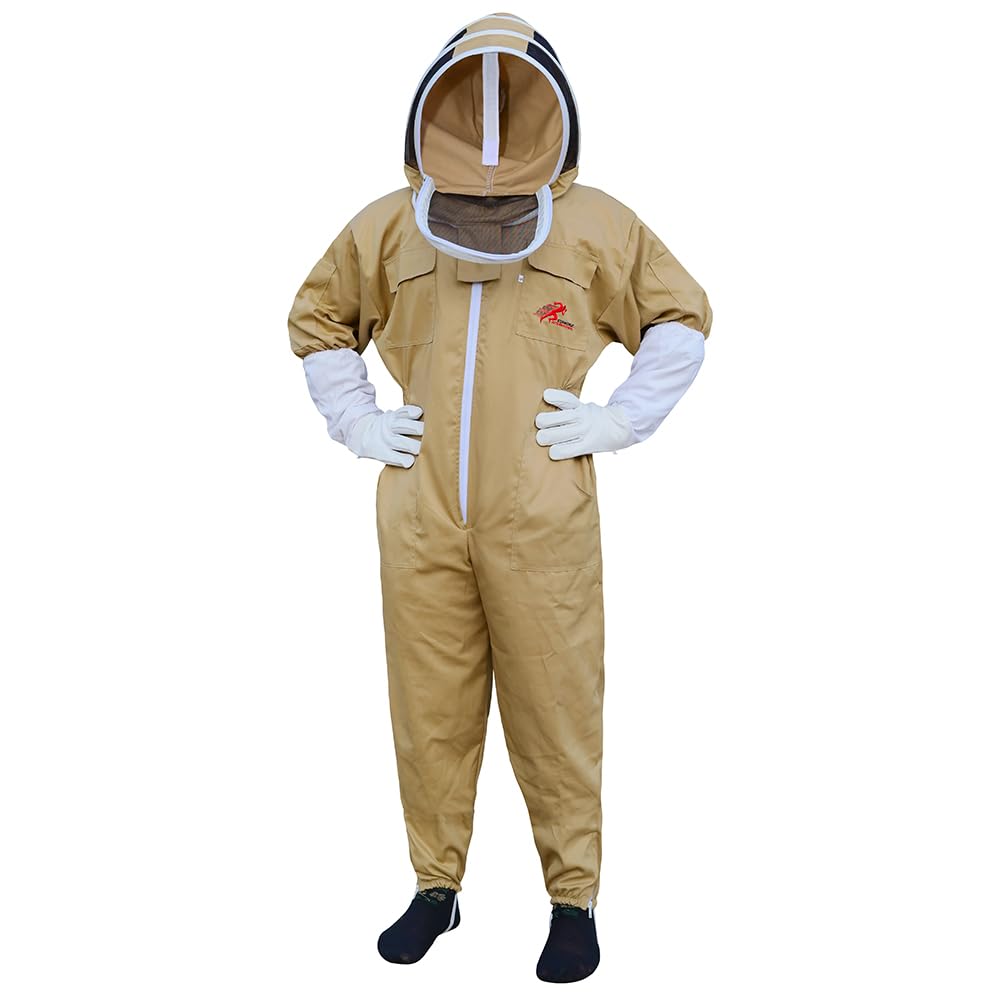Euphoric International beekeeper wearing suit during hive inspection for safety