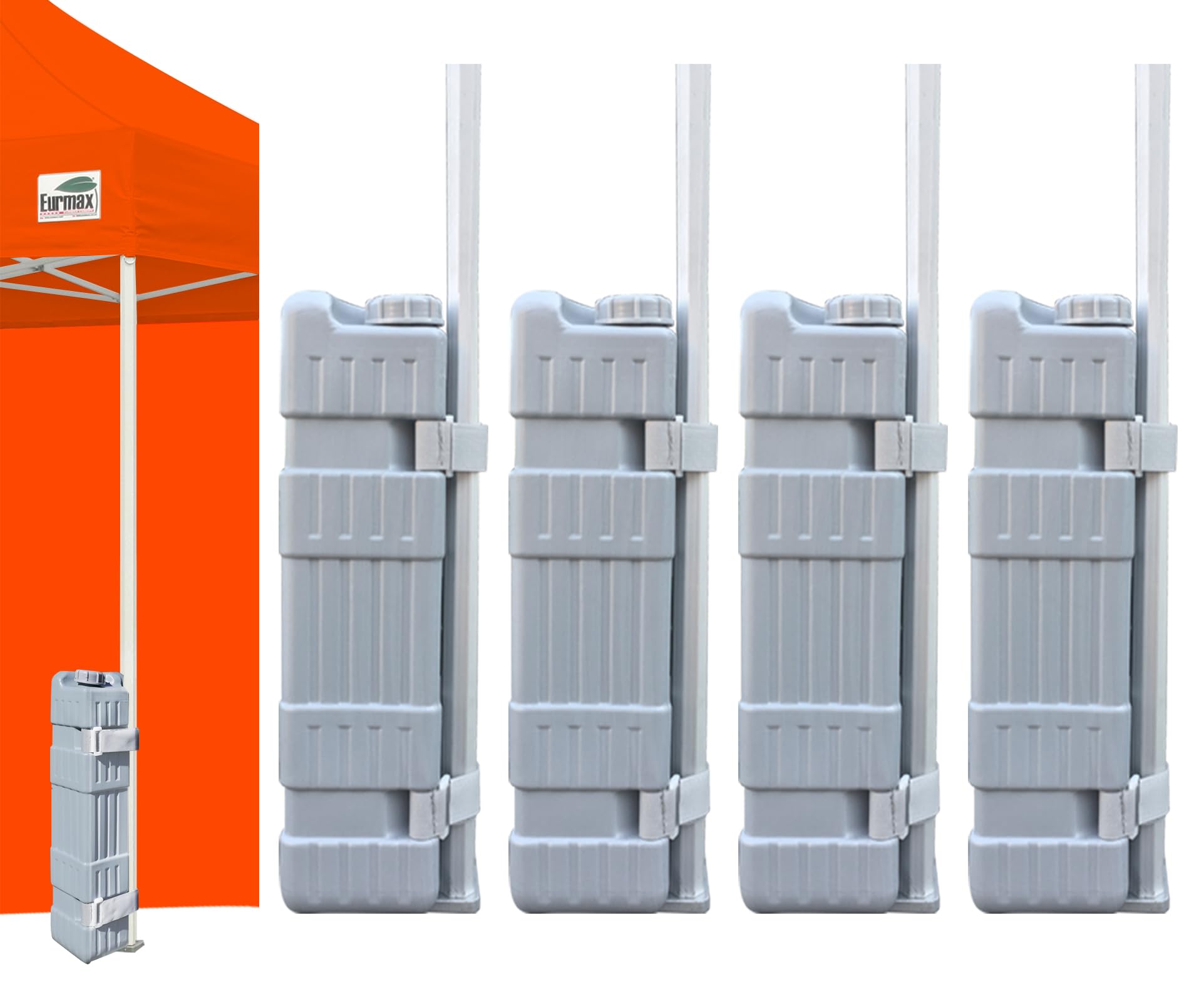 Eurmax front view of four canopy weight bottles showing packaging and shape for secure anchoring