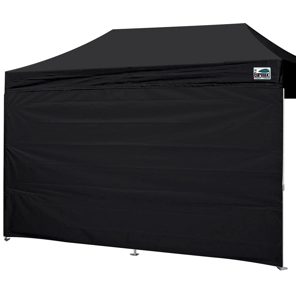 Eurmax black front panel fitted on 10x20 canopy showing full coverage and privacy