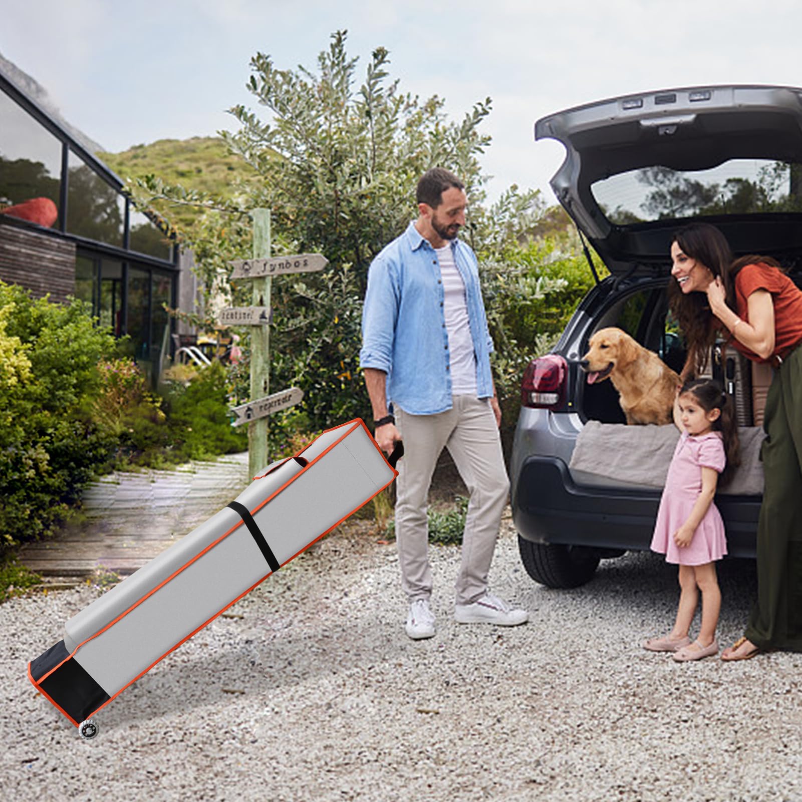 Eurmax roller bag in vehicle trunk illustrating compact fit and effortless event transport