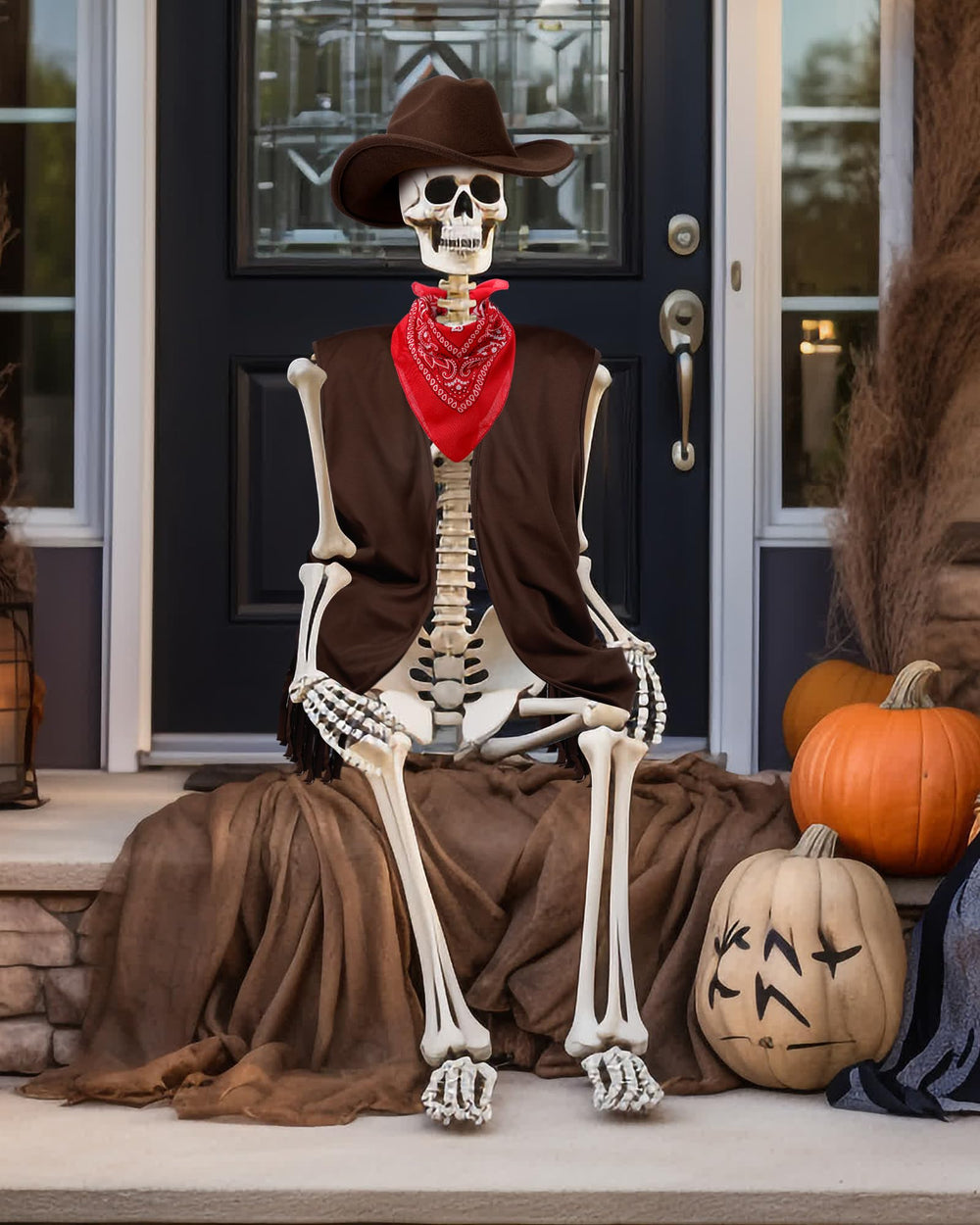 Eurzom dressed skeleton in yard display creating fun outdoor decoration