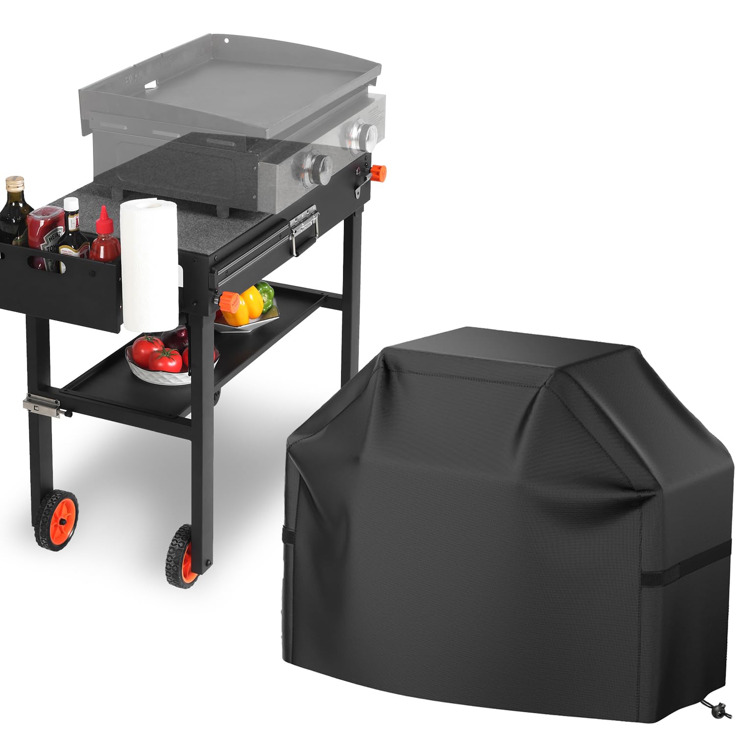 EUTRKei front view griddle cart showing tabletop and accessories for organized cooking