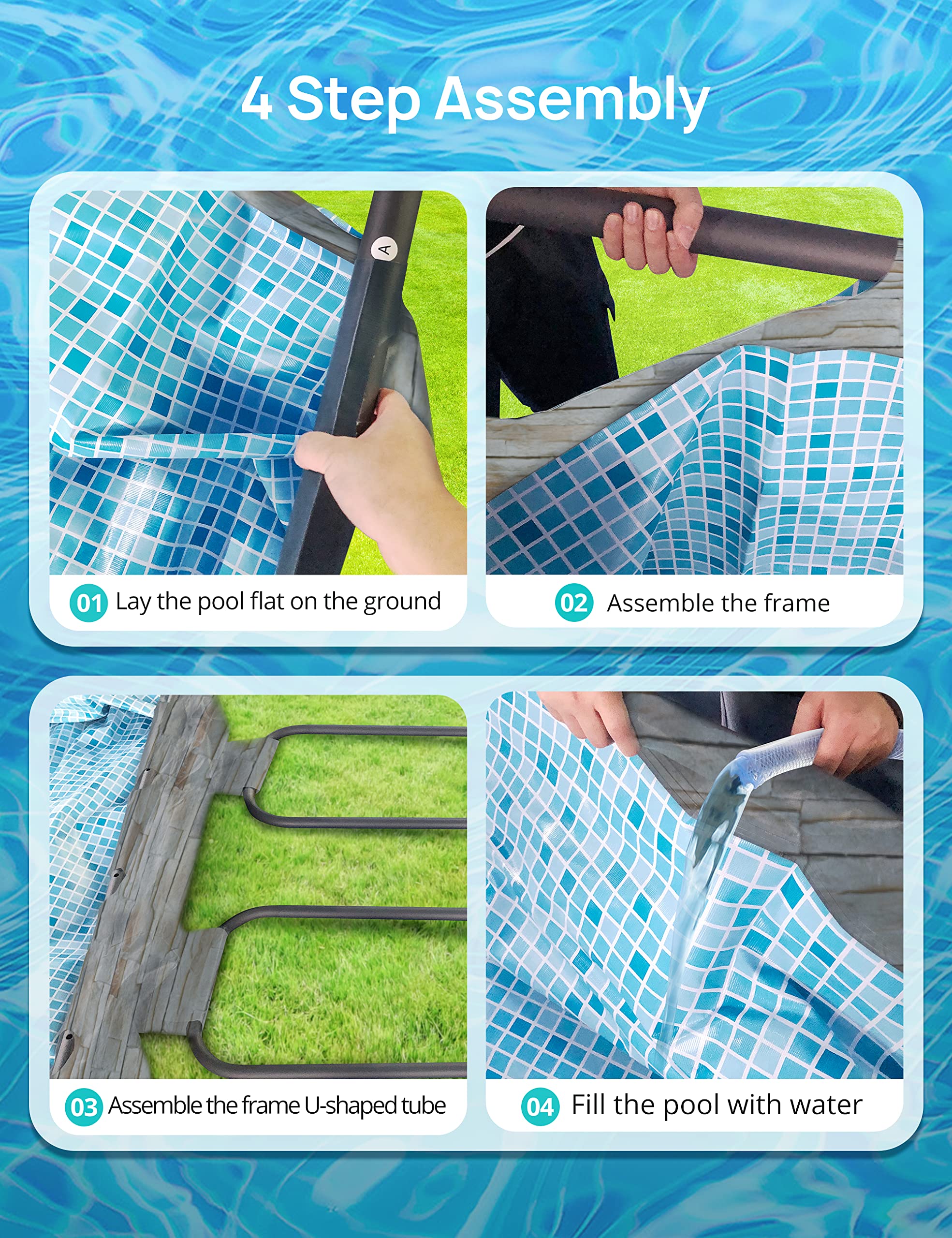 Evajoy arranged accessories showing sand filter, ladder and cover for easy setup benefit