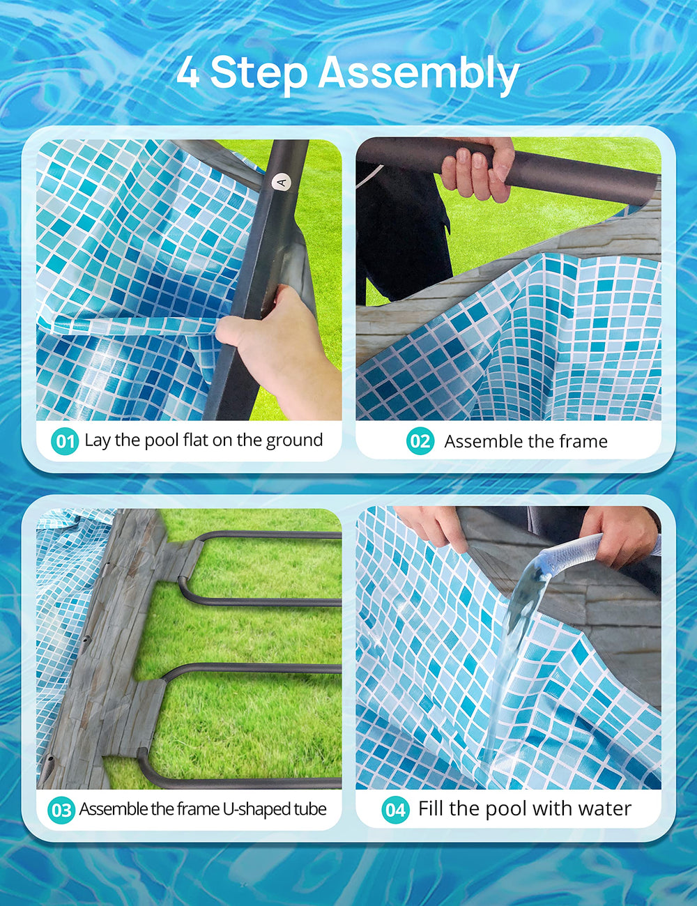 Evajoy arranged accessories showing sand filter, ladder and cover for easy setup benefit