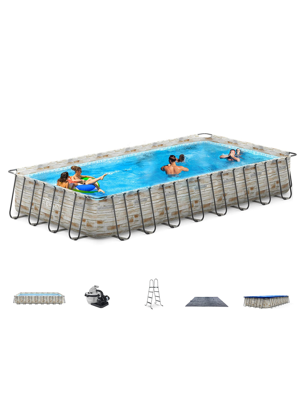 Evajoy front view of rectangular pool package showing complete set and immediate backyard benefit