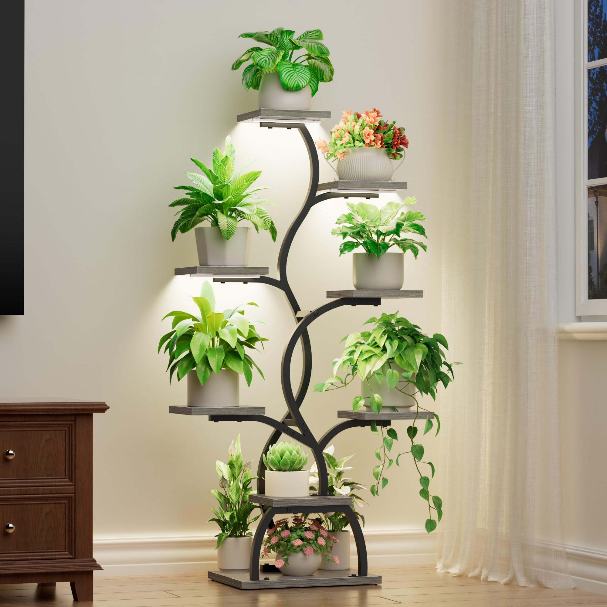 EVAWOO front view of 8-tier corner plant stand showing compact elegant display and space saving
