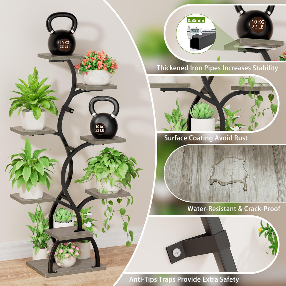 EVAWOO shelves with various pot sizes for scale showing how many plants each tier supports