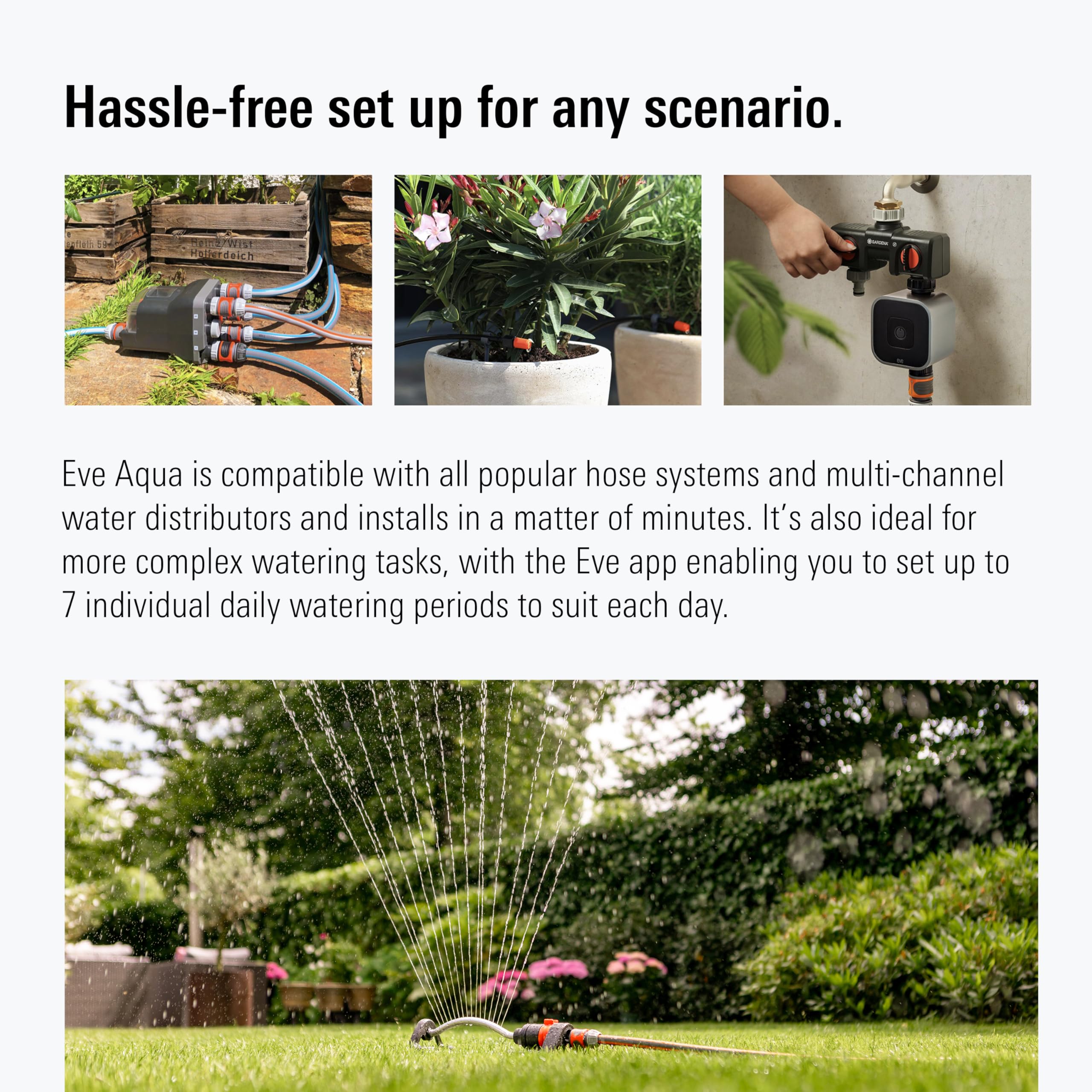 Eve Aqua mounted on garden hose in use demonstrating automatic watering convenience