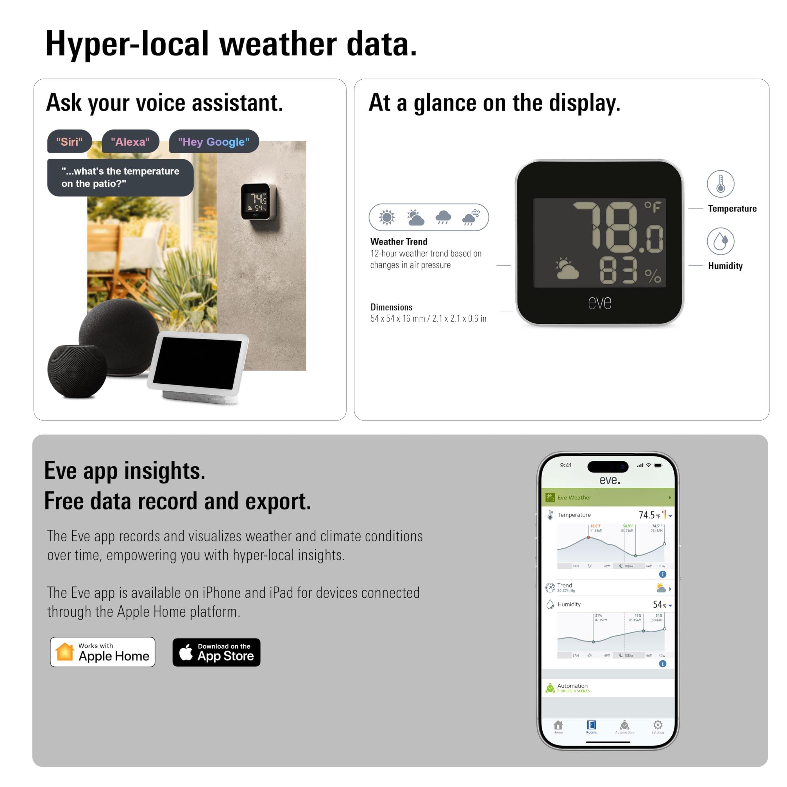 Eve Weather held in hand illustrating compact size for flexible mounting