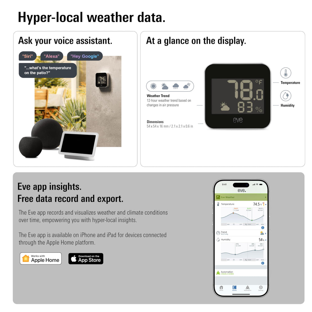 Eve Weather held in hand illustrating compact size for flexible mounting