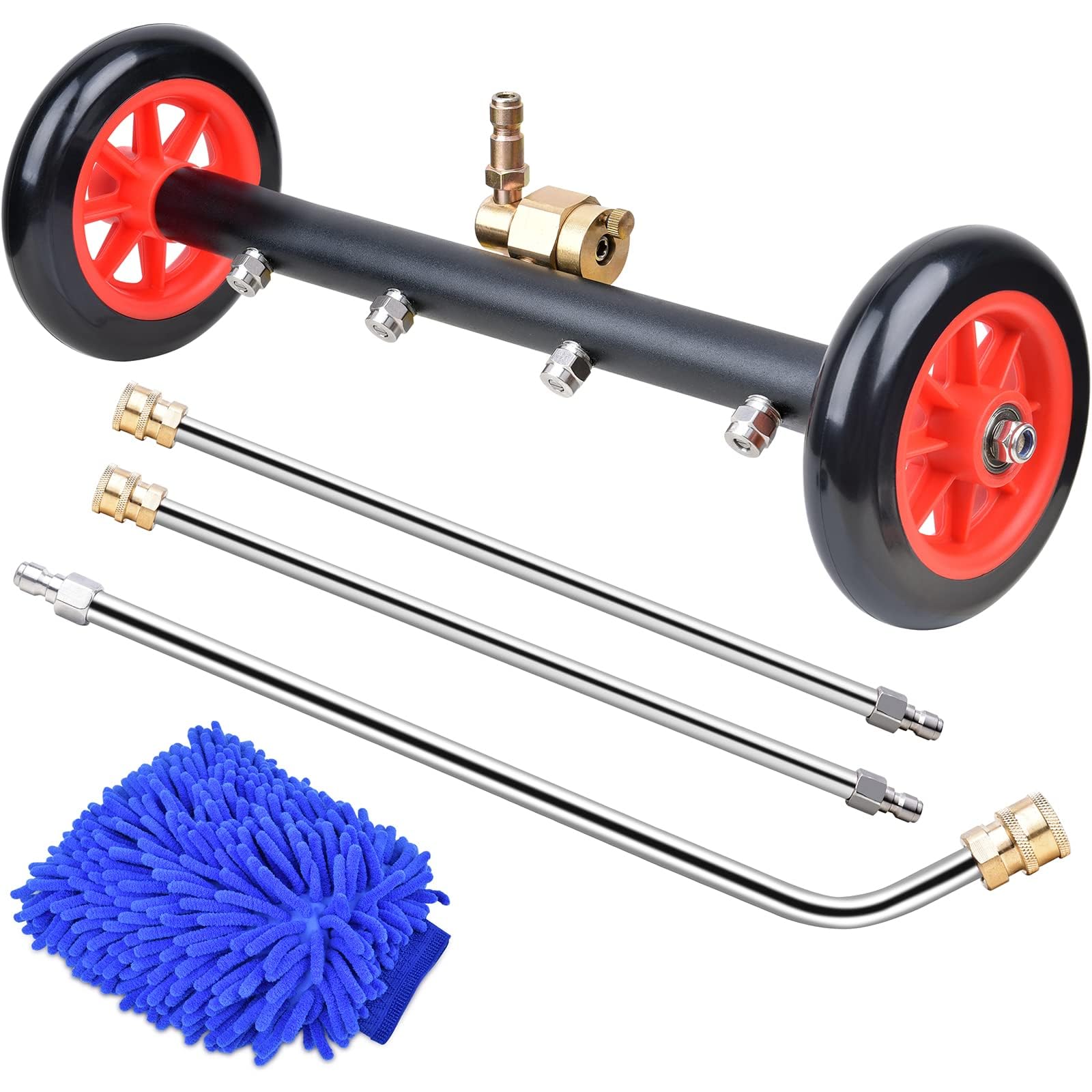 EVEAGE front view of undercarriage cleaner showing red head and quick-connect benefits