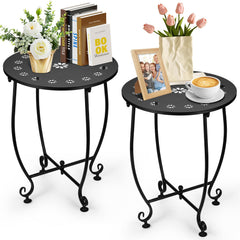 EVELOMO front view of two petal-top side tables showing compact design and convenience