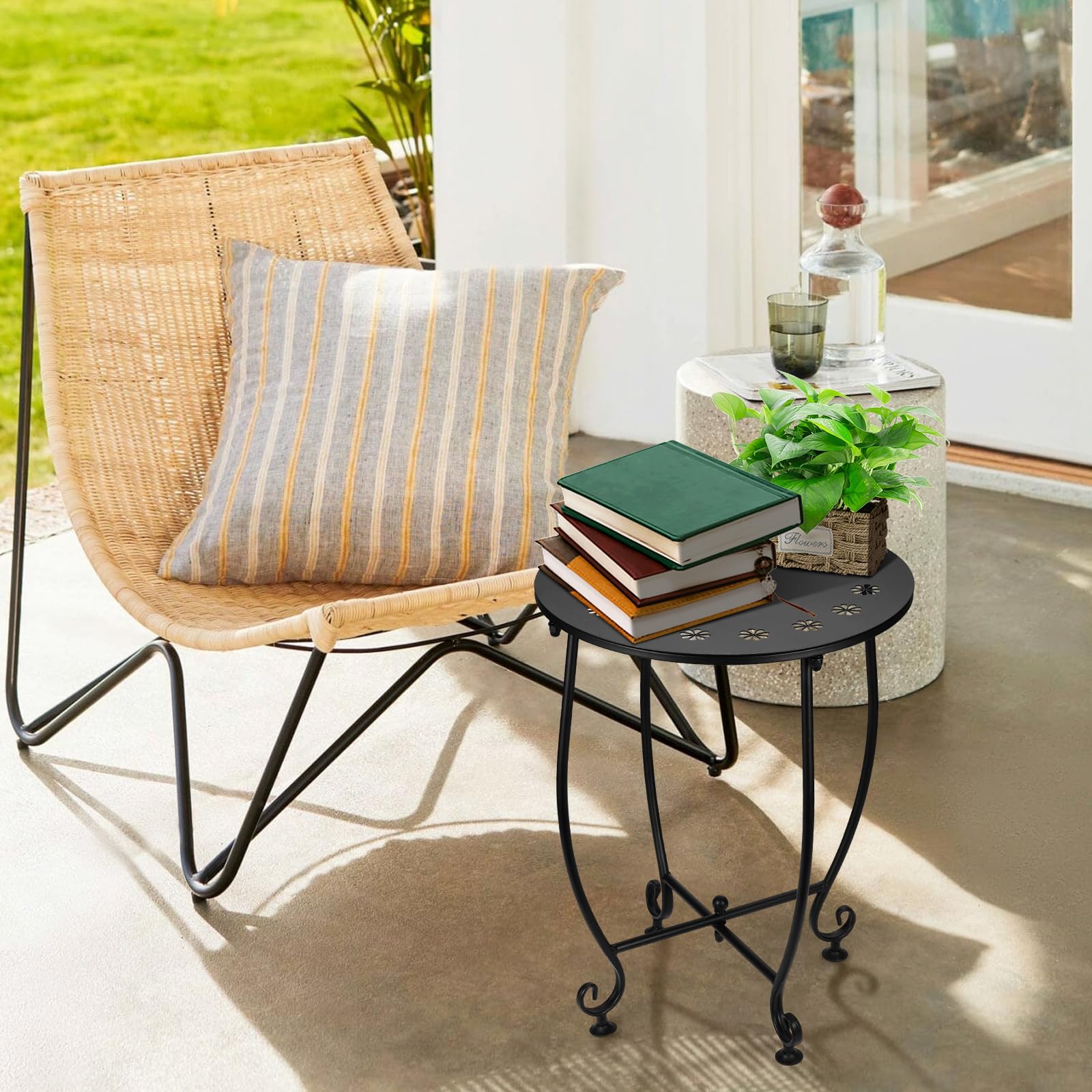 EVELOMO table in use with coffee and snacks demonstrating outdoor convenience