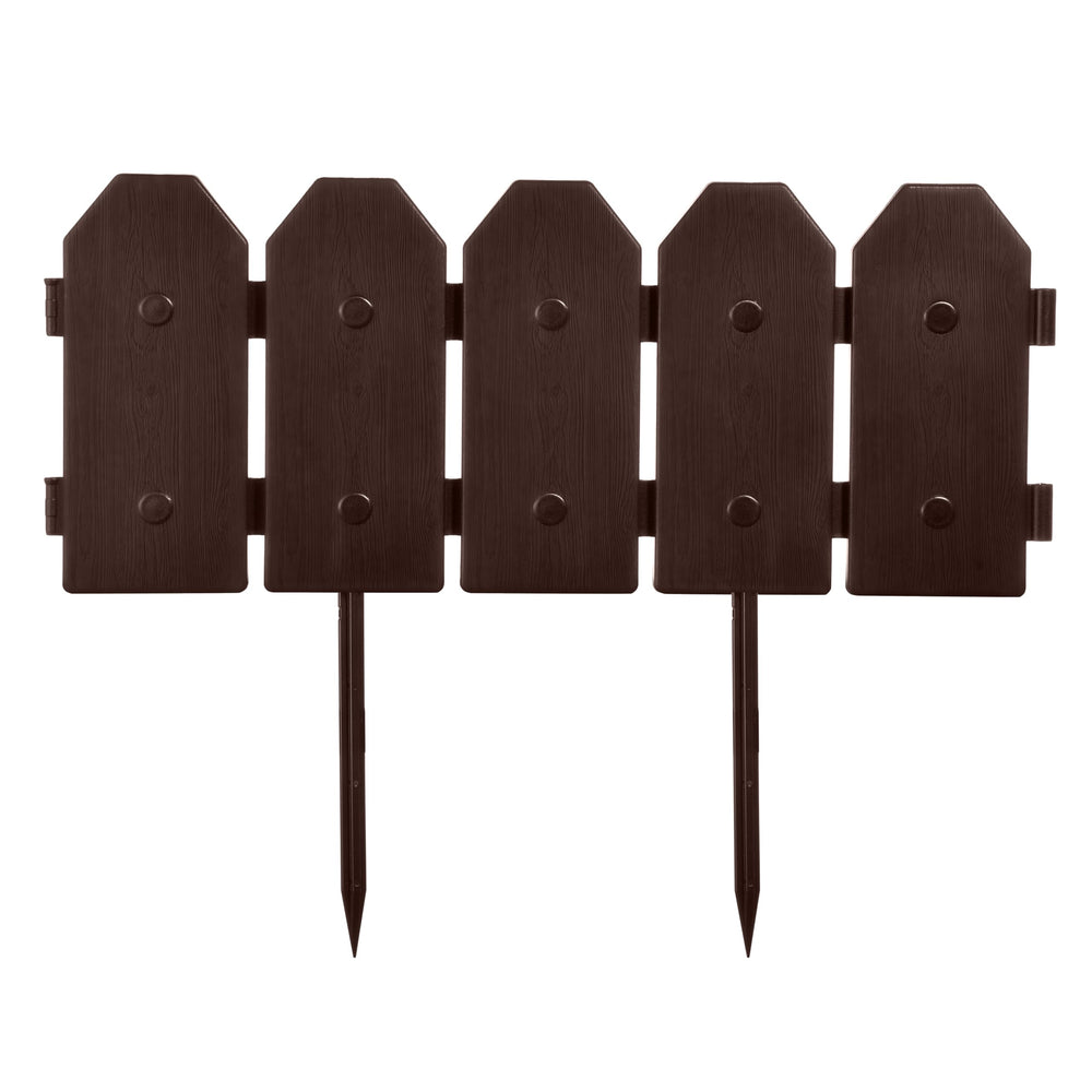 Evelyne front view of eight brown dog-ear garden edging panels showing decorative fence look and neat border