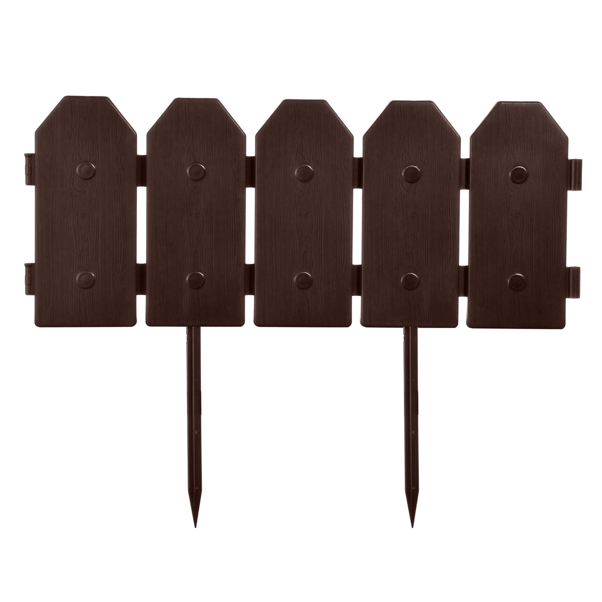 Evelyne front view of eight brown dog-ear garden edging panels showing decorative fence look and neat border