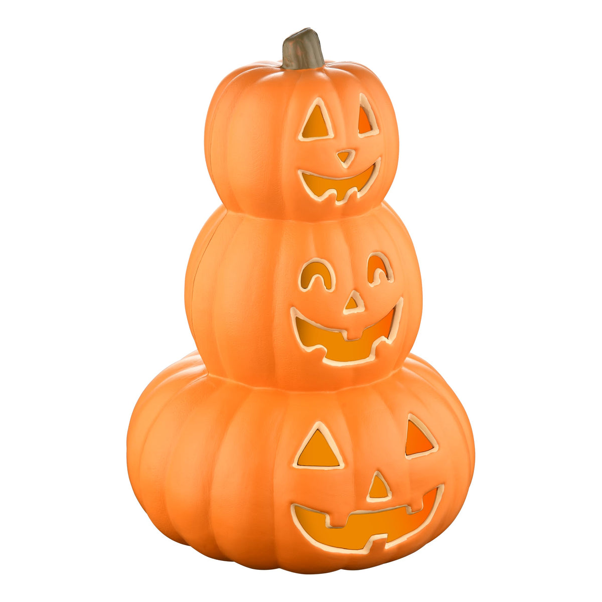 Evelyne front view of stacked pumpkin tower showing cheerful faces and bright color