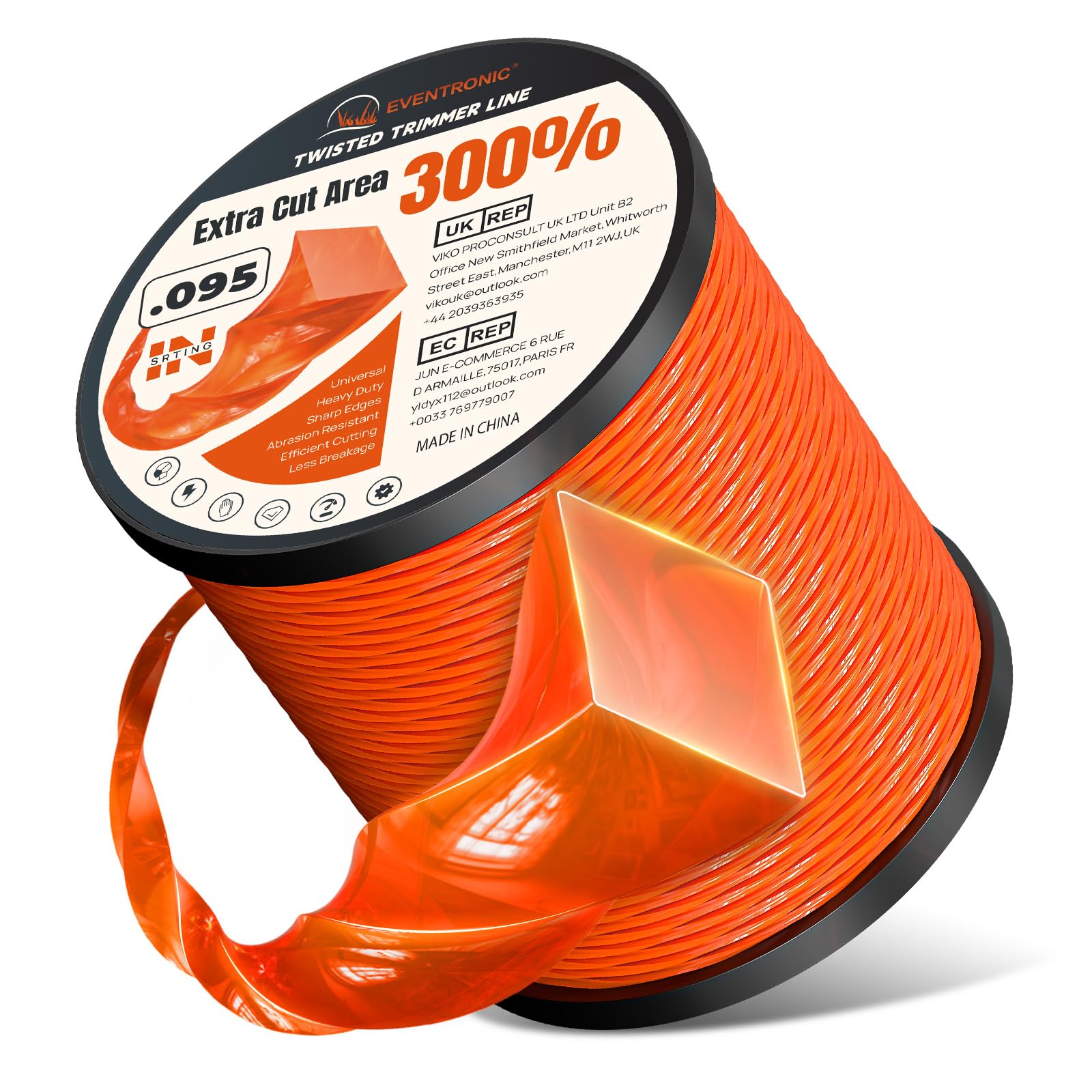 Eventronic reel front view showing label and 1020ft capacity, durable and long-lasting