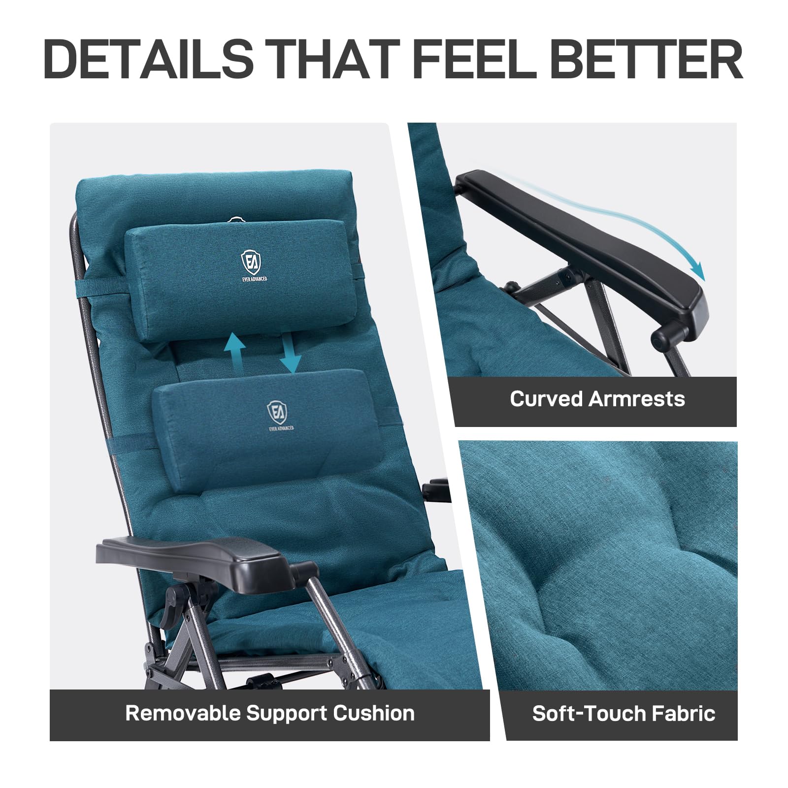 EVER ADVANCED adjustable headrest detail showing removable support for comfort