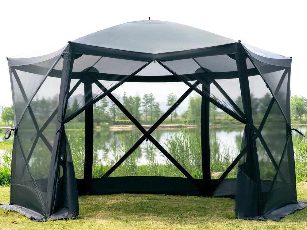 ever advanced front assembled gazebo showing full coverage and quick setup benefit