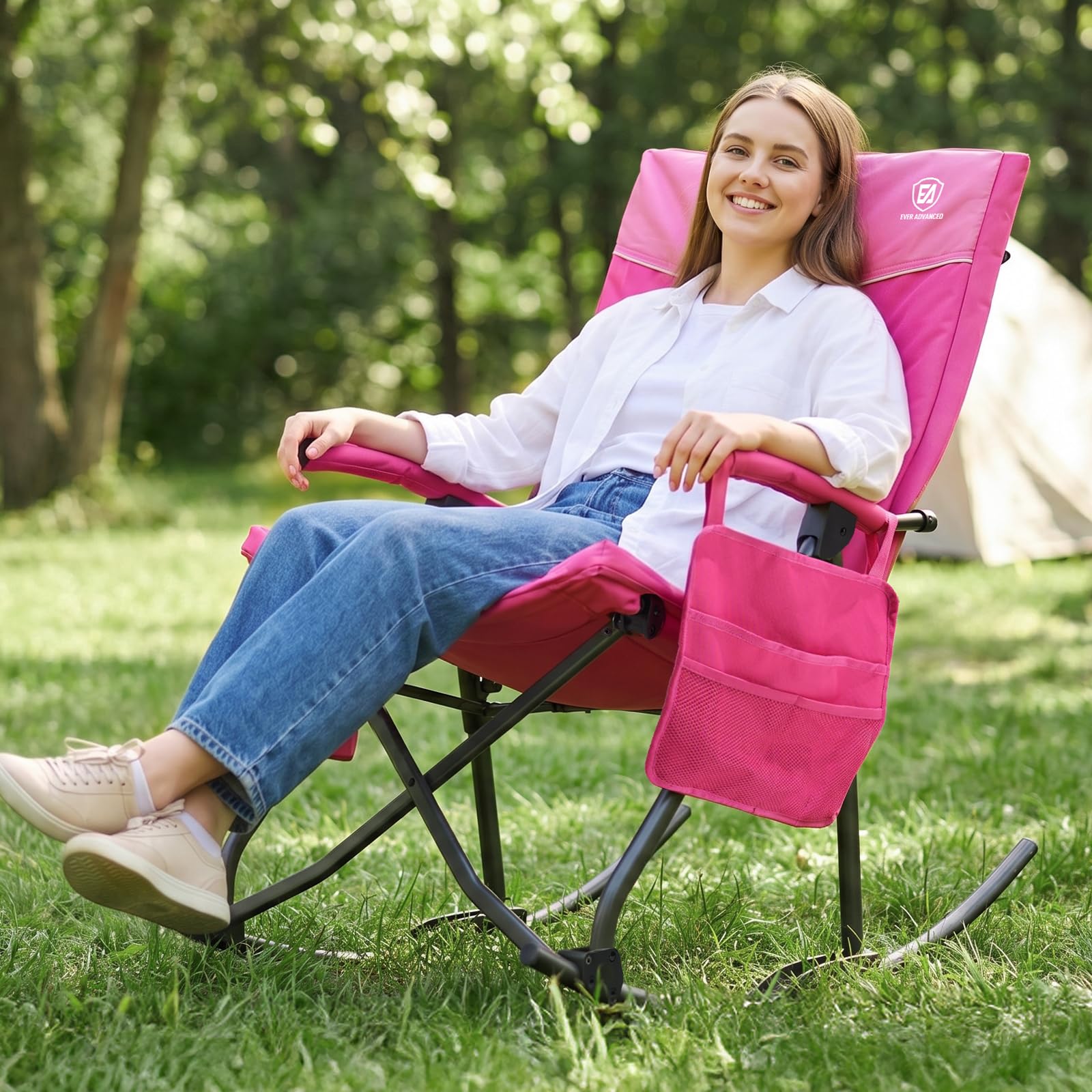 EVER ADVANCED chair set on patio with person relaxing, showcasing outdoor comfort