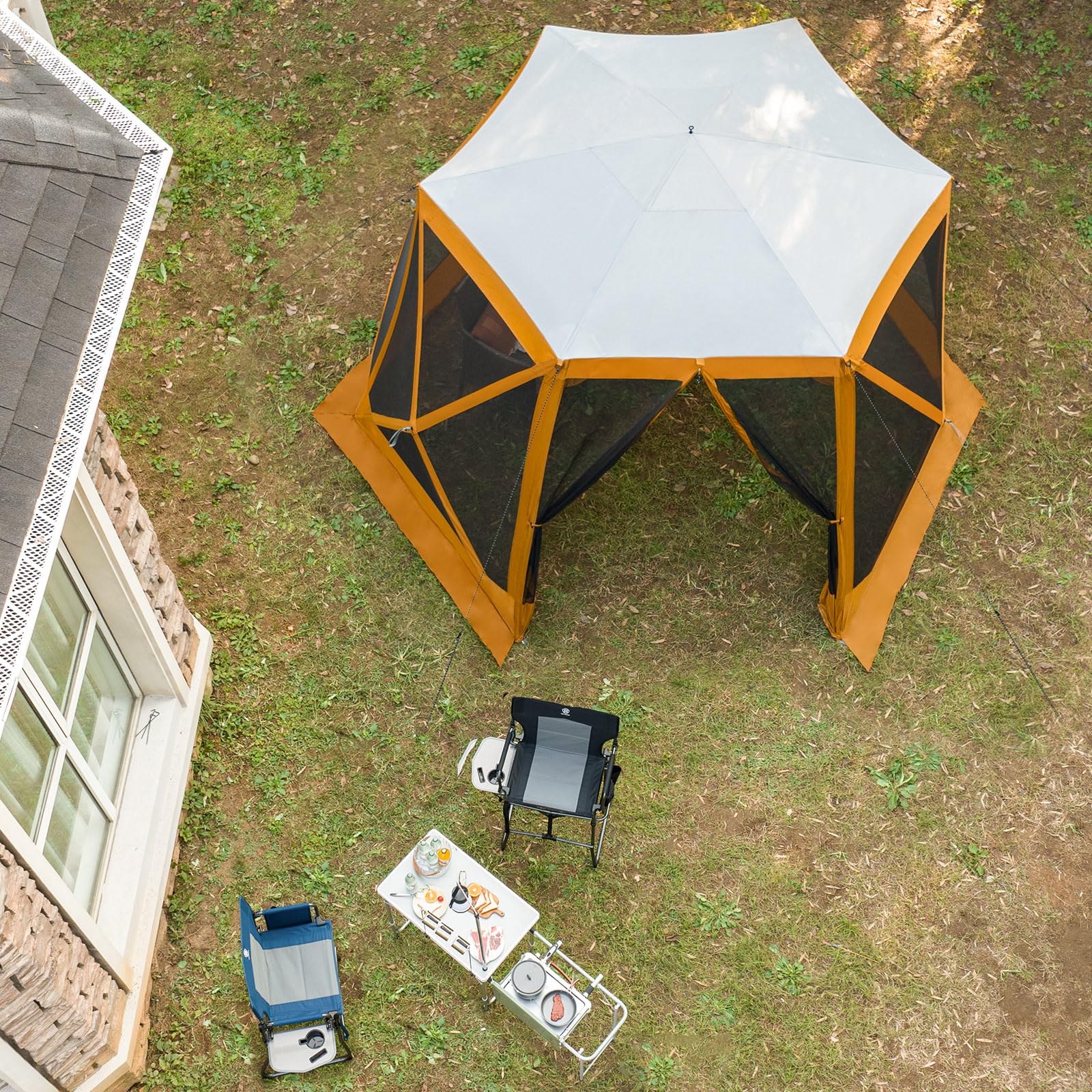 EVER ADVANCED gazebo with person for scale showing usable footprint